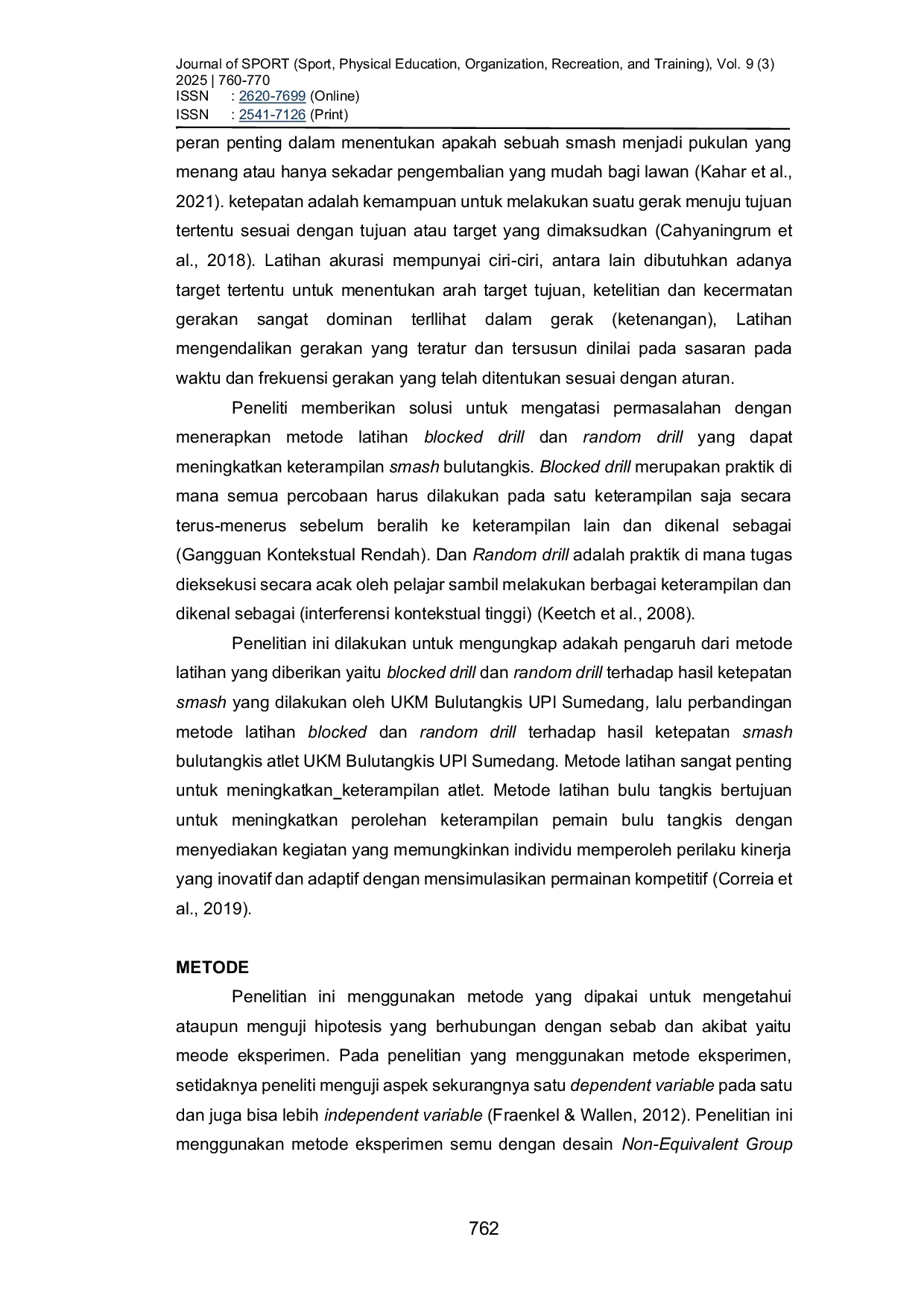 JURIS Perbandingan Latihan Blocked Drill Dan Random Drill Terhadap Hasil Ketepatan Smash Bulutangkis