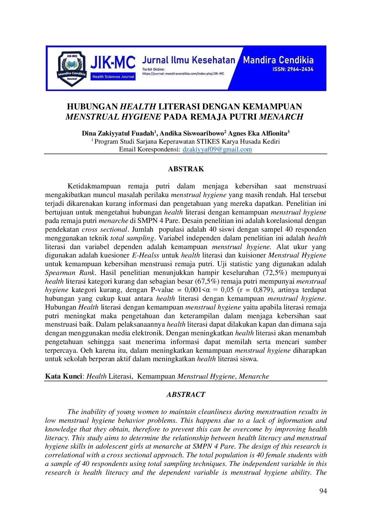 juris Hubungan Health Literasi Dengan Kemampuan Menstrual Hygiene Pada Remaja Putri Menarch