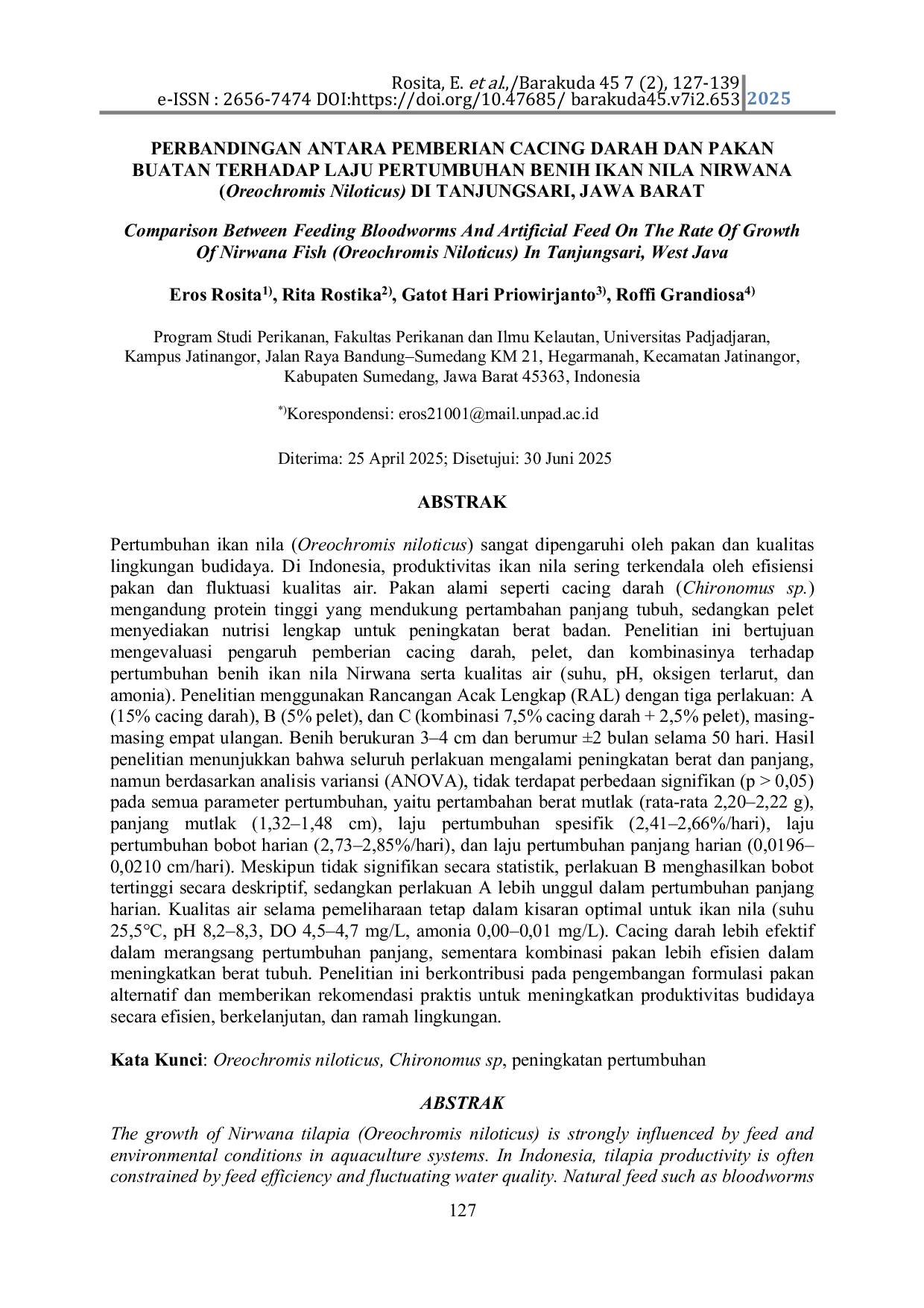 JURIS Comparison Between Feeding Bloodworms And Artificial Feed On The Rate Of Growth Of Nirwana Fish Oreochromis Niloticus In Tanjungsari West Java
