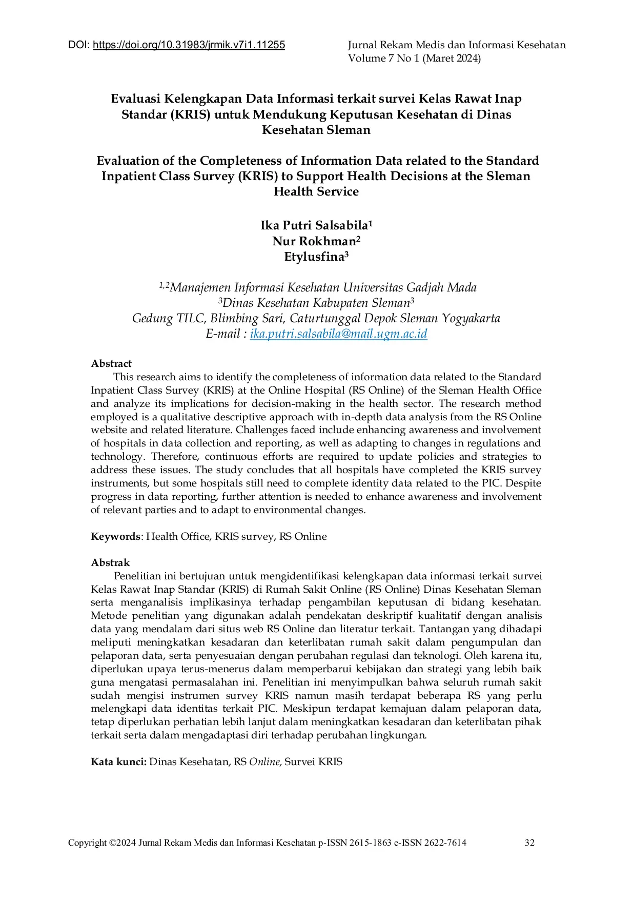 JURIS Evaluasi Kelengkapan Data Informasi terkait Survei Kelas Rawat Inap Standar KRIS untuk Mendukung Keputusan Kesehatan di Dinas Kesehatan Sleman