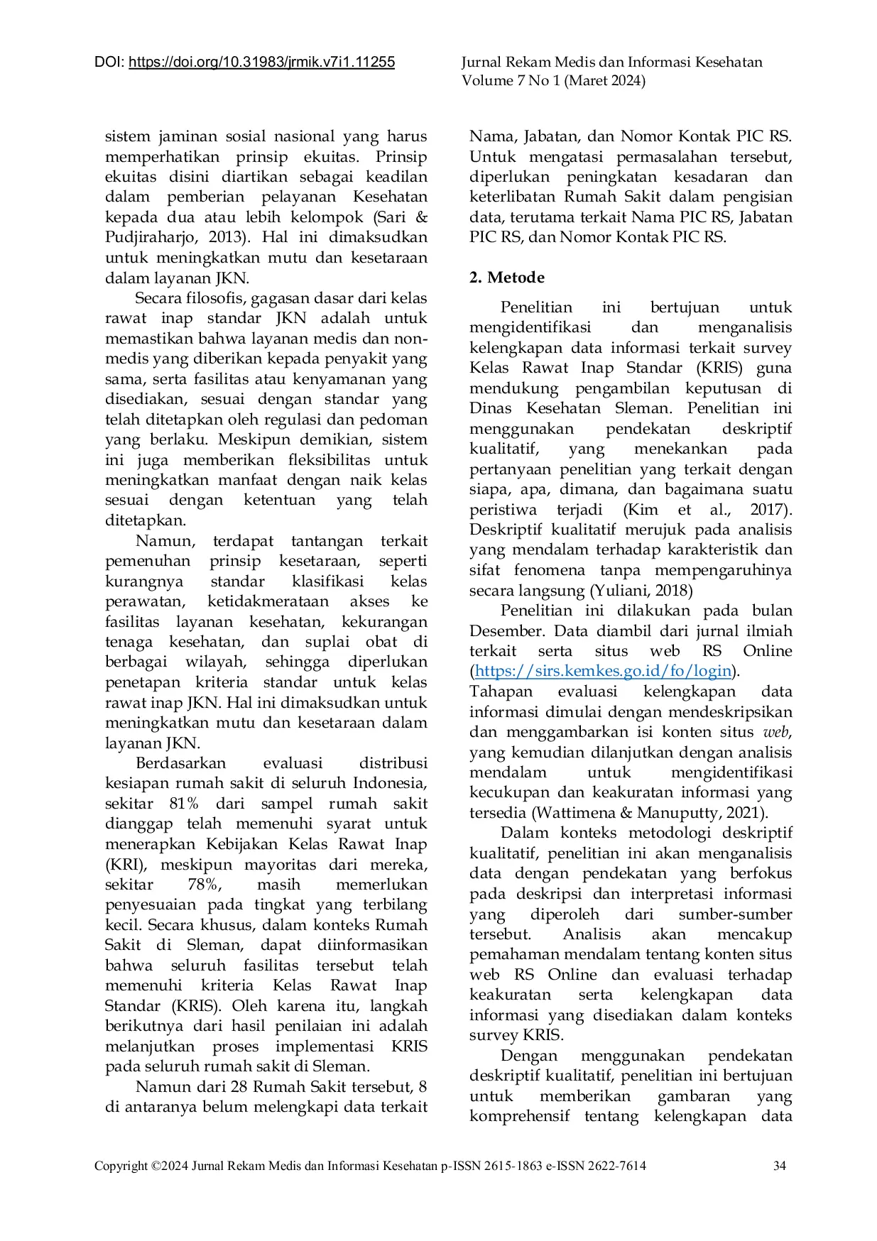 JURIS Evaluasi Kelengkapan Data Informasi terkait Survei Kelas Rawat Inap Standar KRIS untuk Mendukung Keputusan Kesehatan di Dinas Kesehatan Sleman