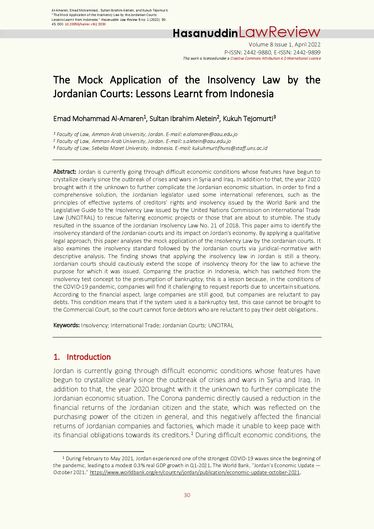 juris The Mock Application of the Insolvency Law by the Jordanian Courts Lessons Learnt from Indonesia