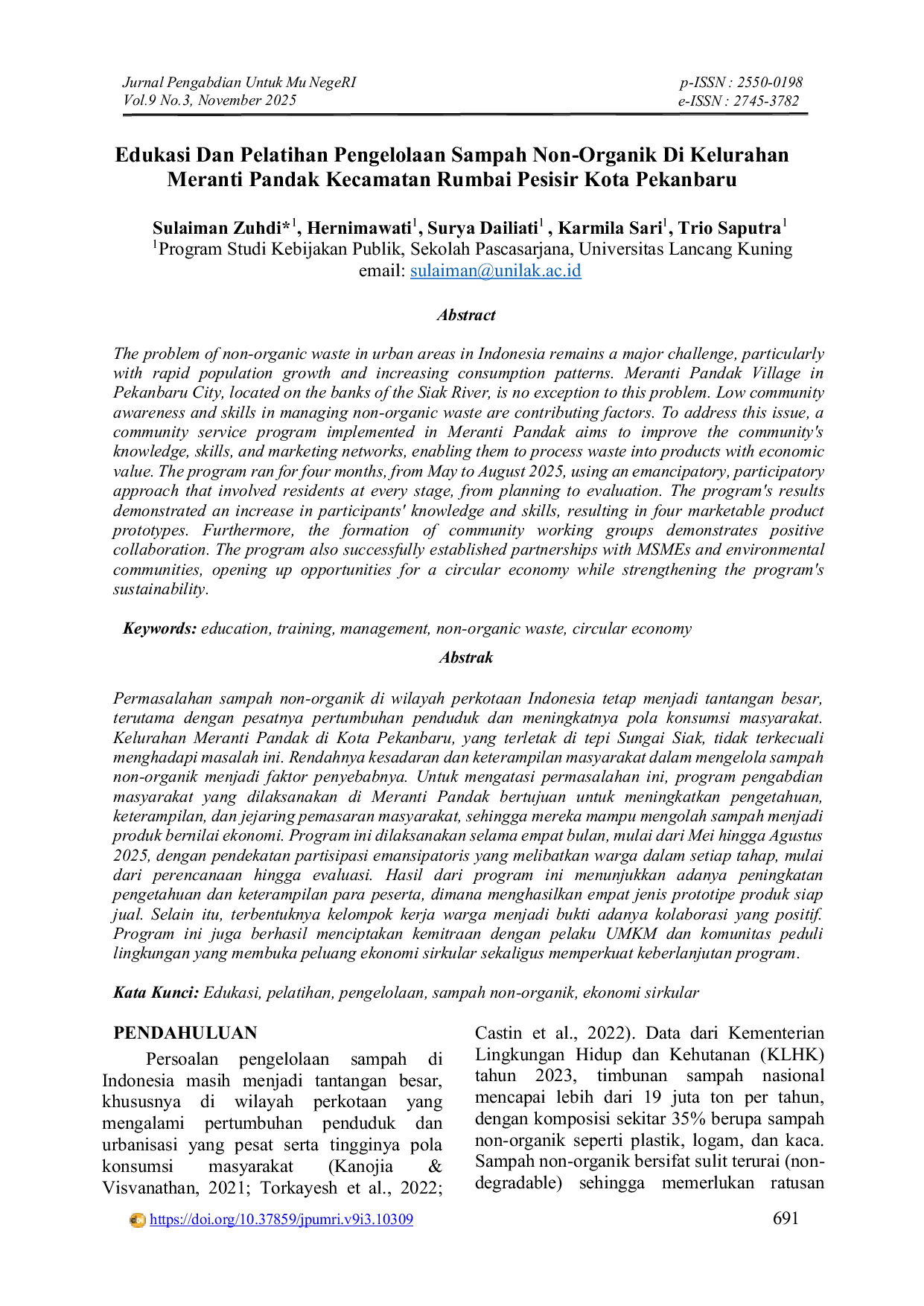 JURIS Edukasi Dan Pelatihan Pengelolaan Sampah Non Organik Di Kelurahan Meranti Pandak Kecamatan Rumbai Pesisir Kota Pekanbaru