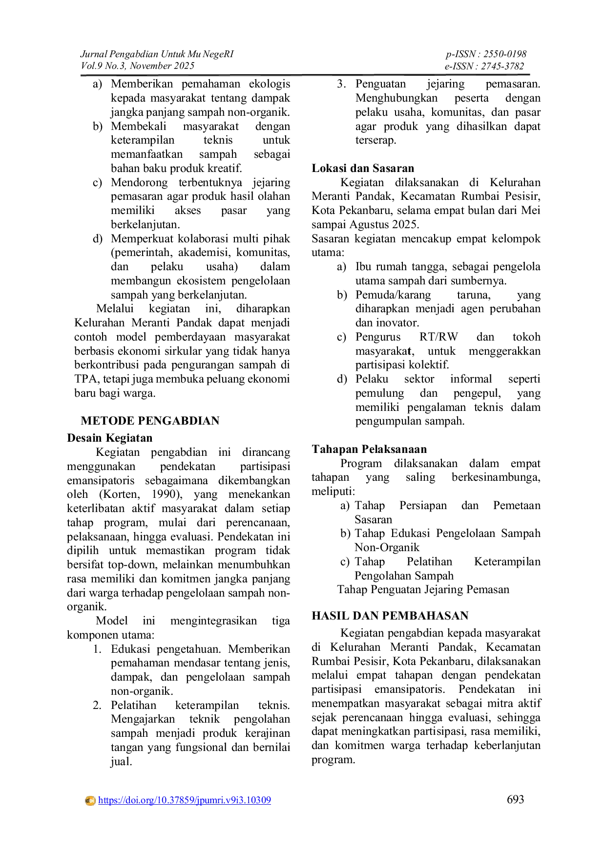 JURIS Edukasi Dan Pelatihan Pengelolaan Sampah Non Organik Di Kelurahan Meranti Pandak Kecamatan Rumbai Pesisir Kota Pekanbaru