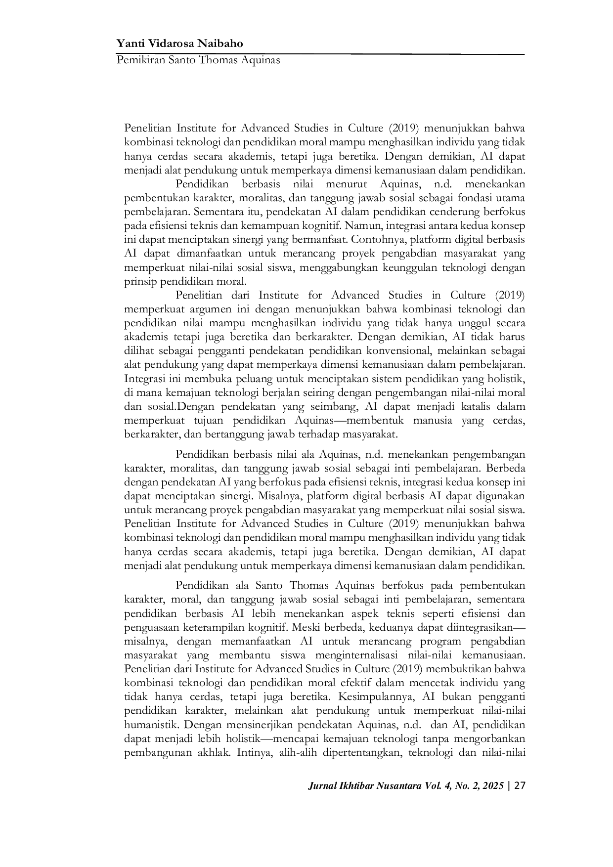 JURIS The Relevance of Saint Thomas Aquinas Thoughts in Education in the Era of Artificial Intelligence Balance Between Technology and Human Values