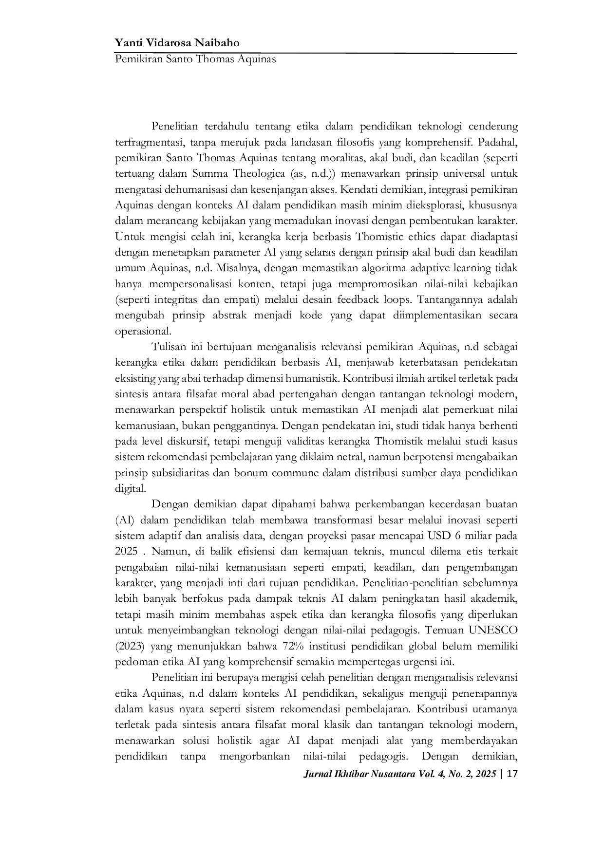 JURIS The Relevance of Saint Thomas Aquinas Thoughts in Education in the Era of Artificial Intelligence Balance Between Technology and Human Values