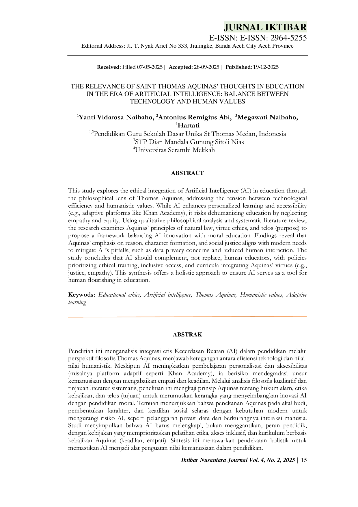 JURIS The Relevance of Saint Thomas Aquinas Thoughts in Education in the Era of Artificial Intelligence Balance Between Technology and Human Values