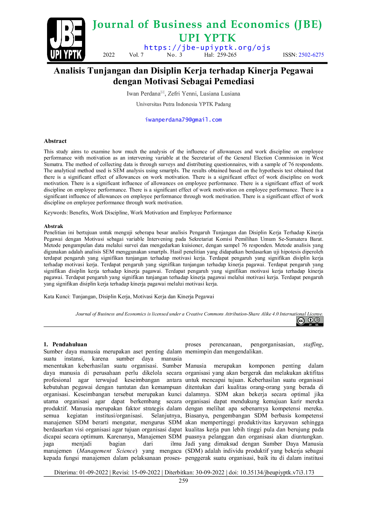 JURIS Analisis Tunjangan dan Disiplin Kerja terhadap Kinerja Pegawai dengan Motivasi Sebagai Pemediasi