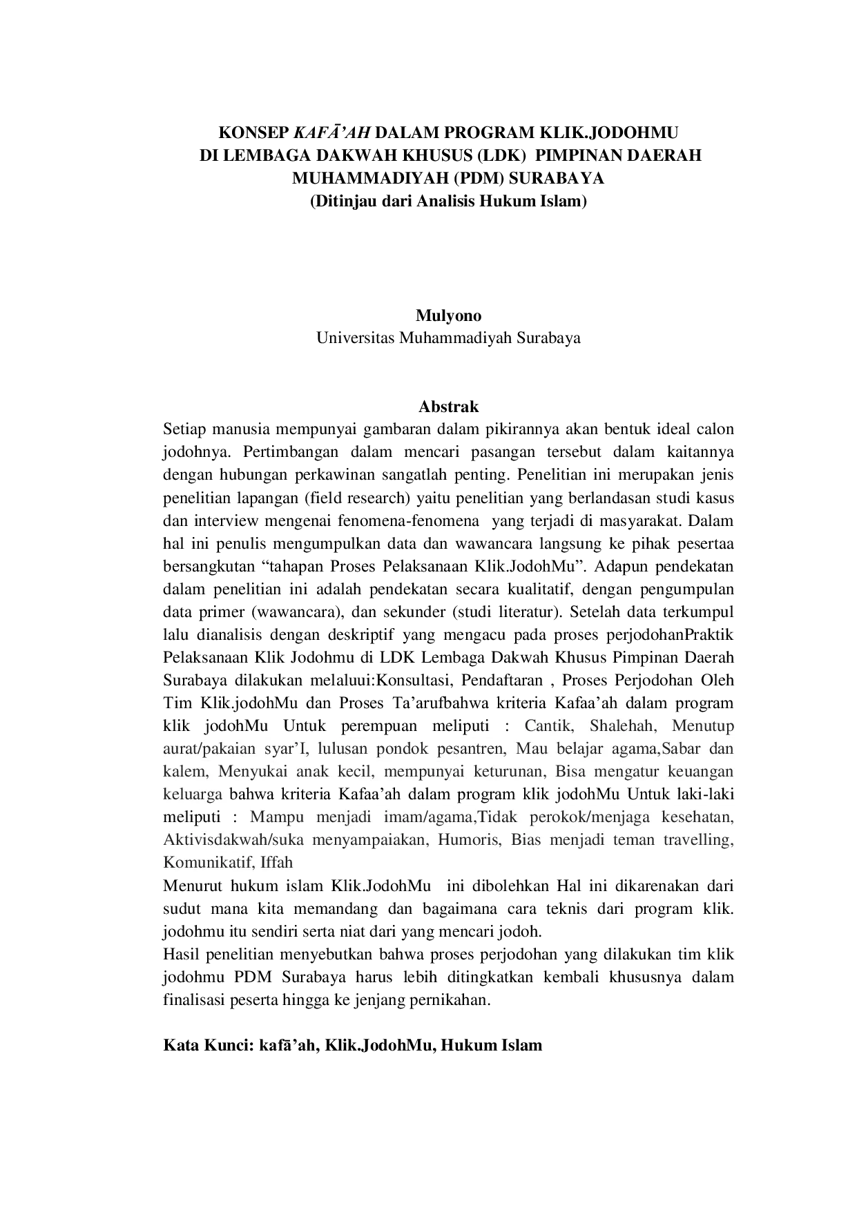 JURIS Konsep Kafa ah Dalam Program Klik Jodohmu Di Lembaga Dakwah Khusus LDK Pimpinan Daerah Muhammadiyah PDM Surabaya