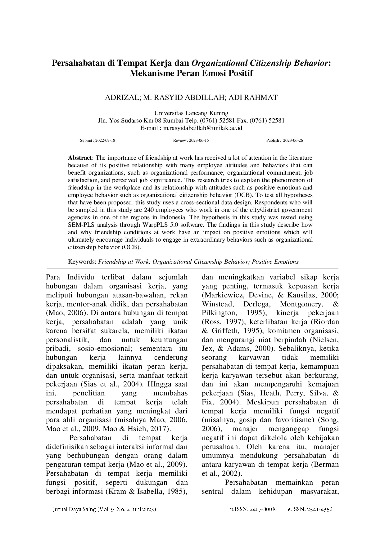 juris Persahabatan di Tempat Kerja dan Organizational Citizenship Behavior Mekanisme Peran Emosi Positif