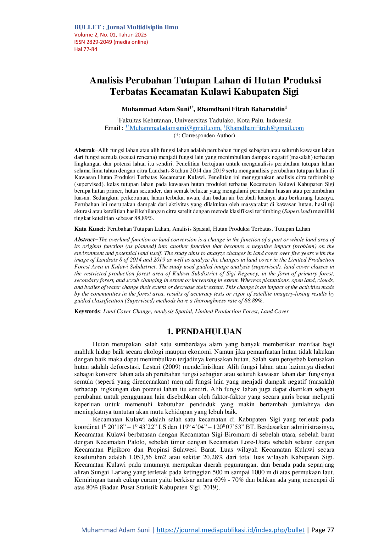 JURIS Analisis Perubahan Tutupan Lahan di Hutan Produksi Terbatas Kecamatan Kulawi Kabupaten Sigi