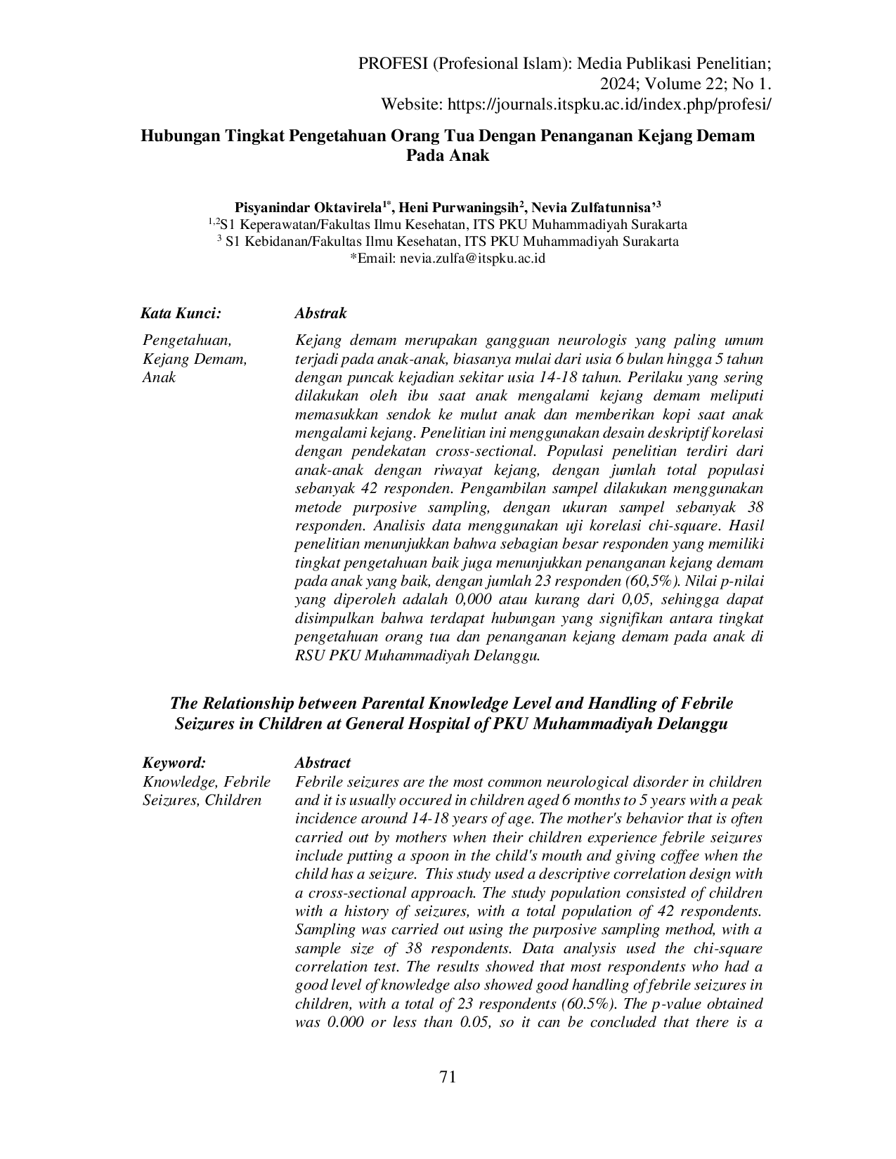 JURIS Hubungan Tingkat Pengetahuan Orang Tua Dengan Penanganan Kejang Demam Pada Anak Di RSU PKU Muhammadiyah Delanggu