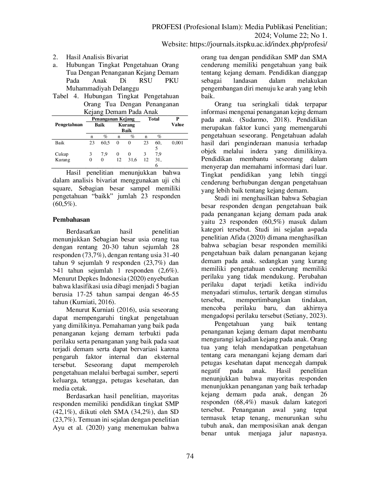 JURIS Hubungan Tingkat Pengetahuan Orang Tua Dengan Penanganan Kejang Demam Pada Anak Di RSU PKU Muhammadiyah Delanggu