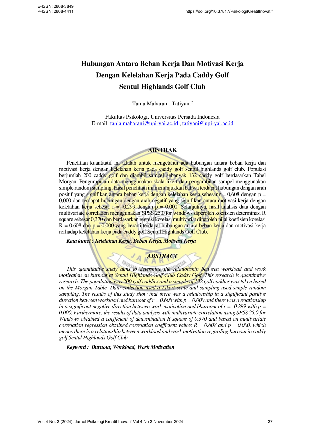 JURIS Hubungan Antara Beban Kerja Dan Motivasi Kerja Dengan Kelelahan Kerja Pada Caddy Golf Sentul Highlands Golf Club