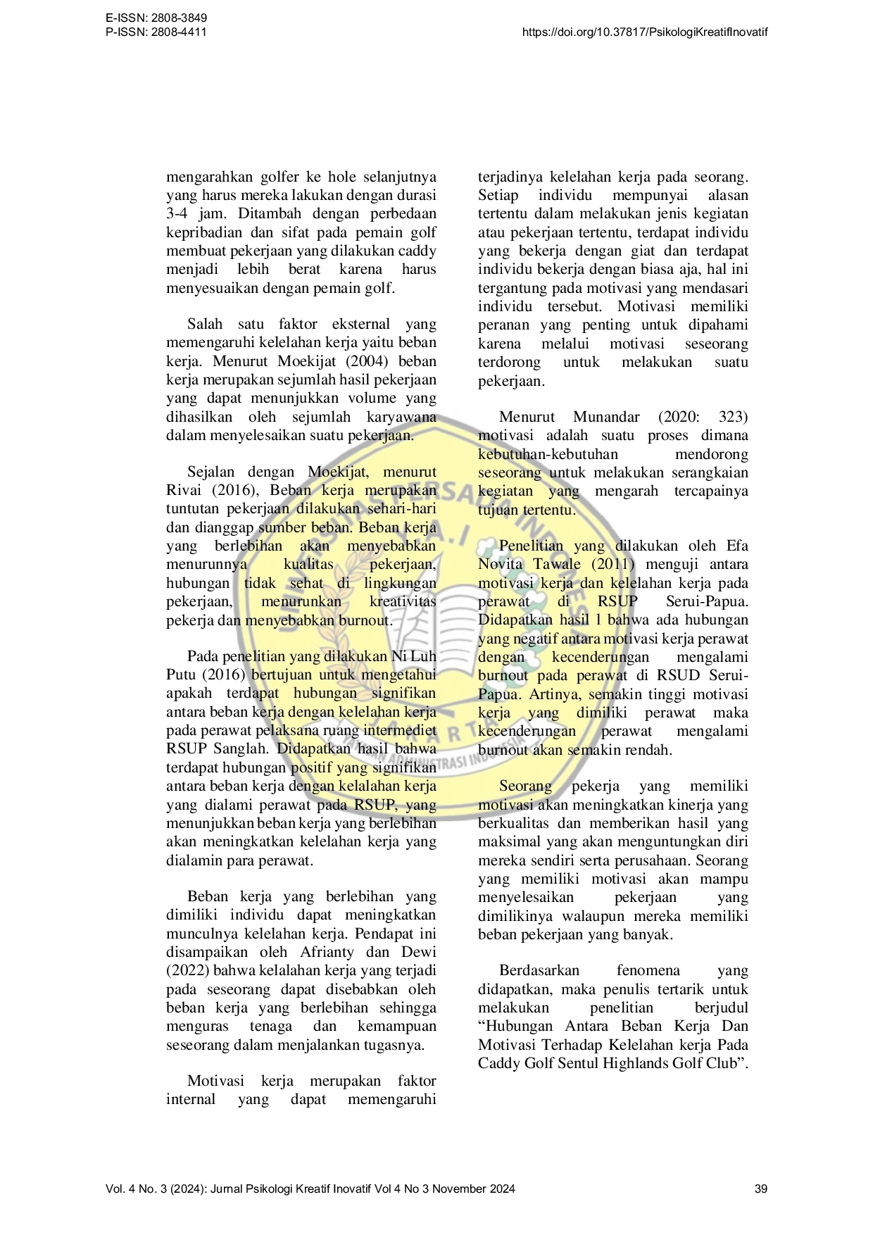 JURIS Hubungan Antara Beban Kerja Dan Motivasi Kerja Dengan Kelelahan Kerja Pada Caddy Golf Sentul Highlands Golf Club