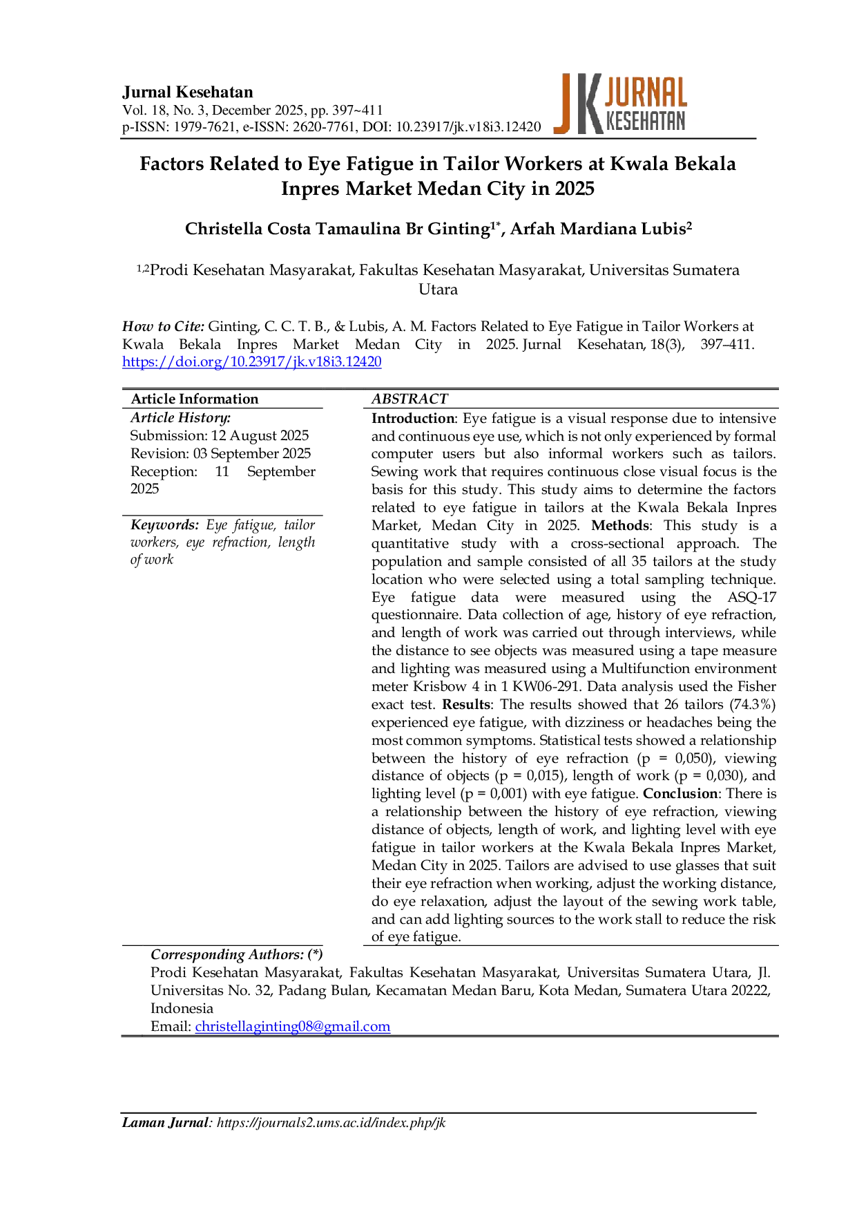 JURIS Factors Related to Eye Fatigue in Tailor Workers at Kwala Bekala Inpres Market Medan City in 2025