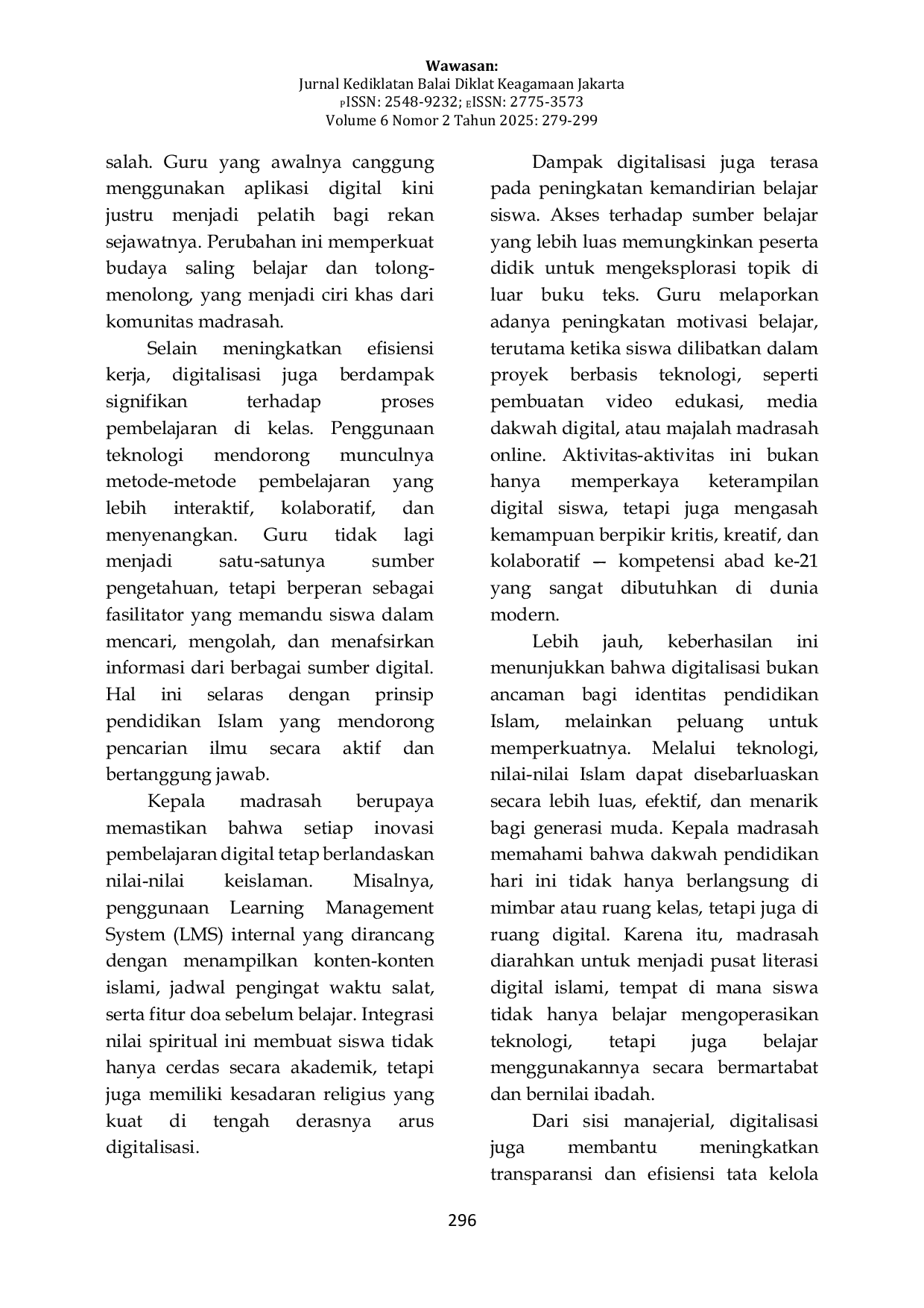 JURIS Peran Kepemimpinan Kepala Madrasah dalam Mendukung Kebijakan Digitalisasi Kemenag Studi pada MTsN 2 Kota Palembang