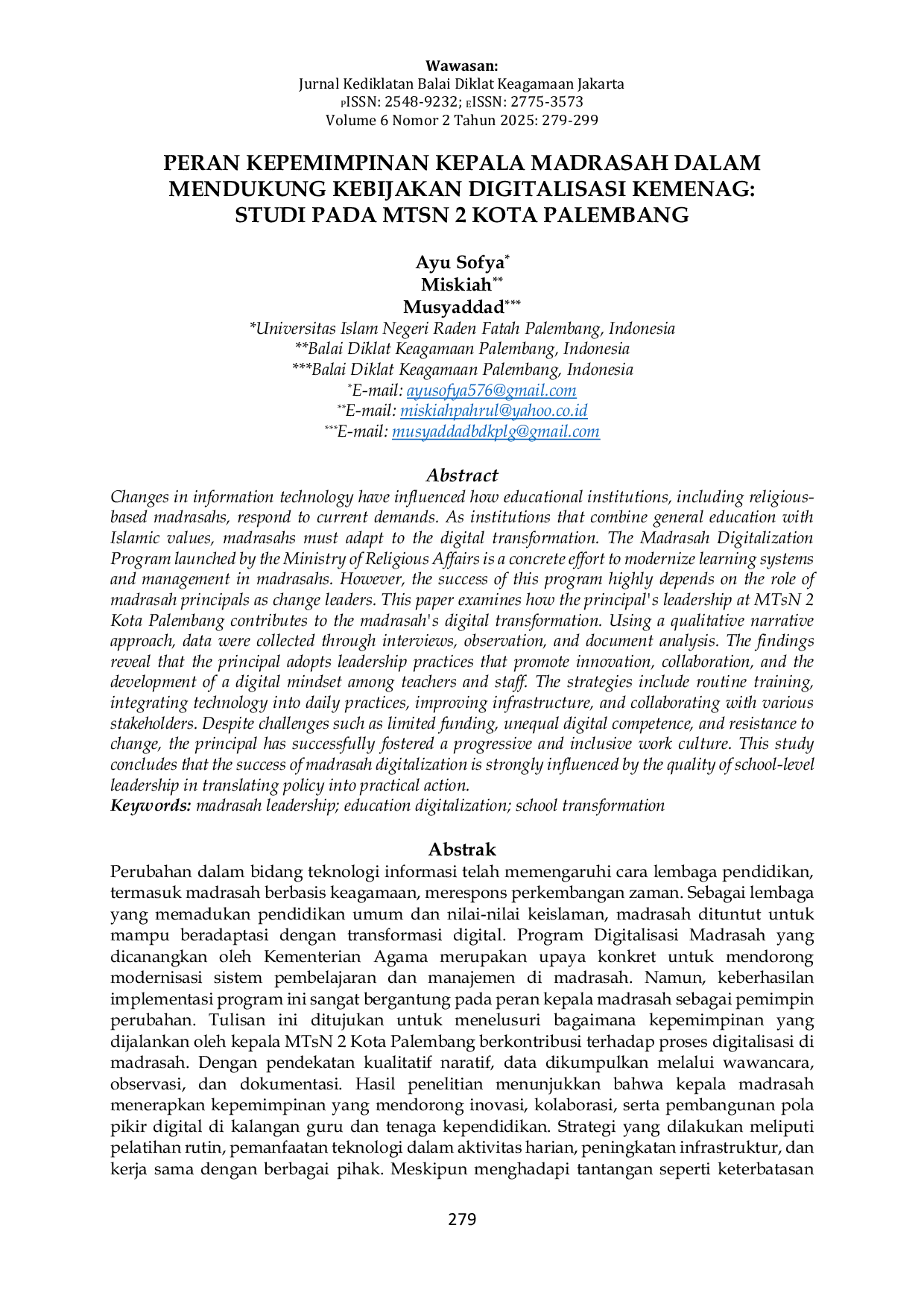 JURIS Peran Kepemimpinan Kepala Madrasah dalam Mendukung Kebijakan Digitalisasi Kemenag Studi pada MTsN 2 Kota Palembang