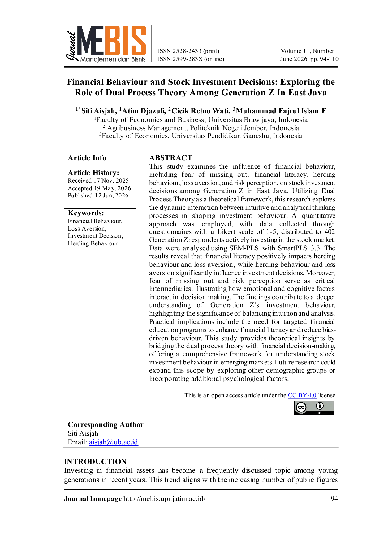 JURIS Financial Behaviour and Stock Investment Decisions Exploring the Role of Dual Process Theory Among Generation Z In East Java
