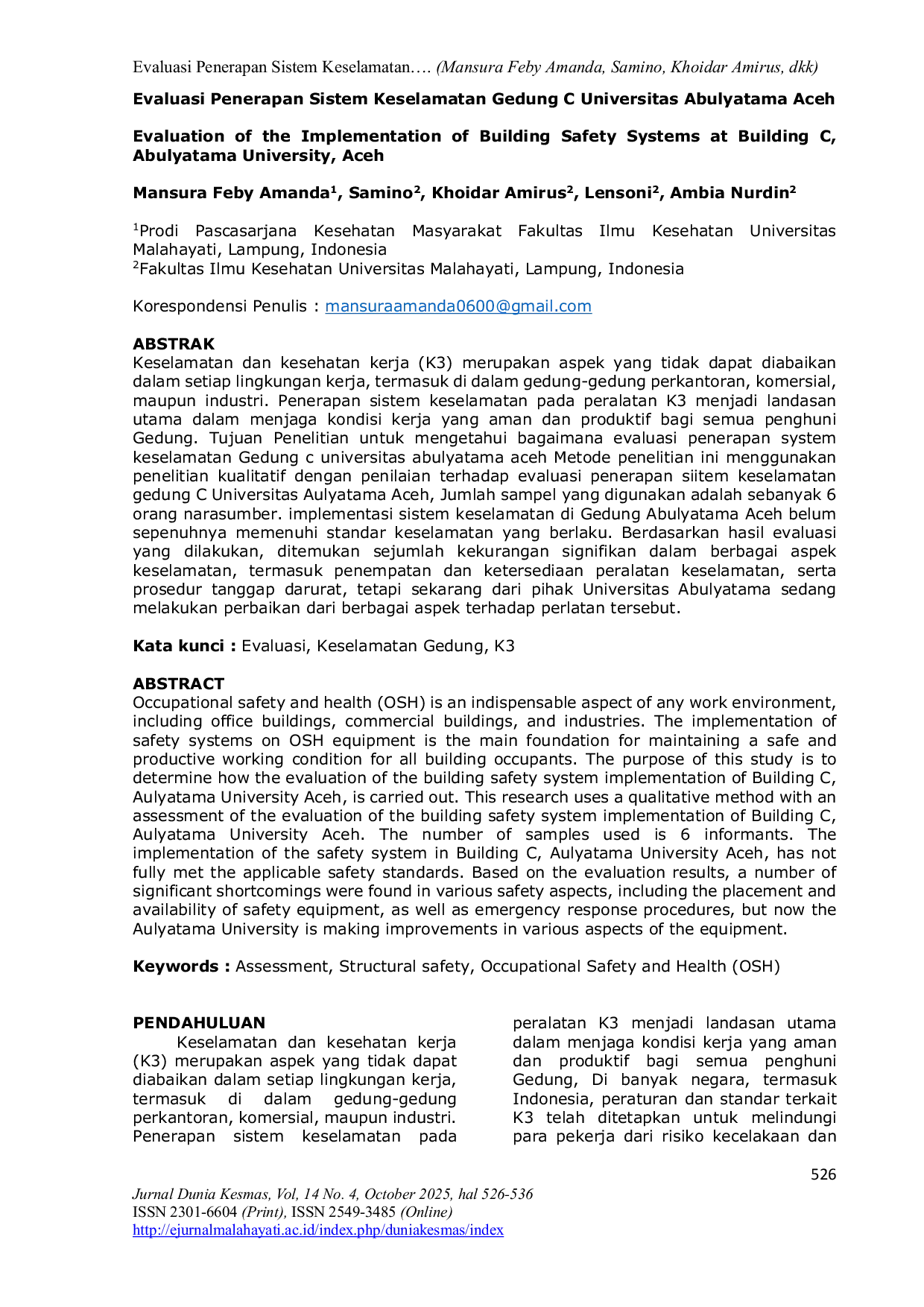 JURIS Evaluasi Penerapan Sistem Keselamatan Gedung C Universitas Abulyatama Aceh