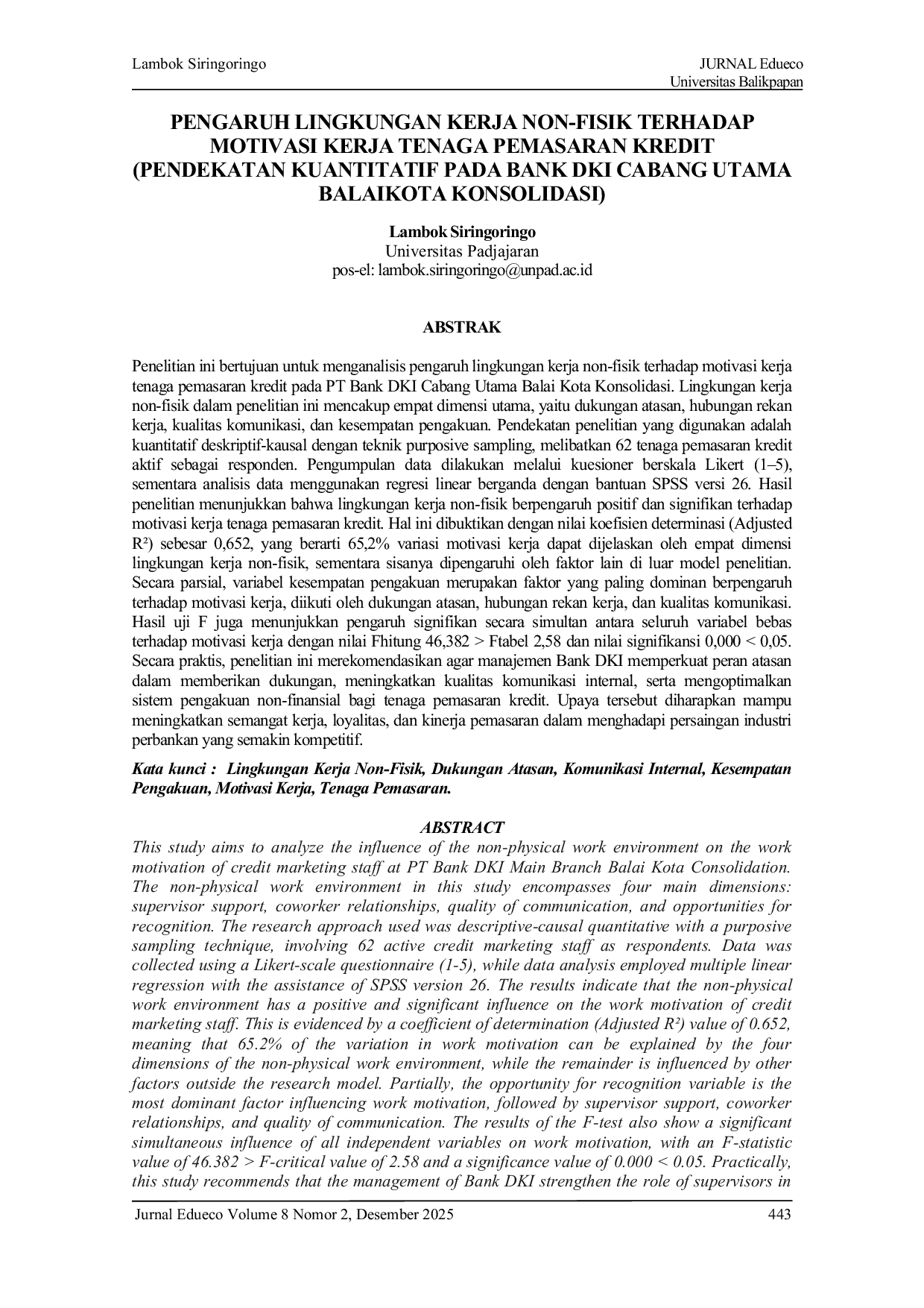 JURIS Pengaruh Lingkungan Kerja Non Fisik Terhadap Motivasi Kerja Tenaga Pemasaran Kredit