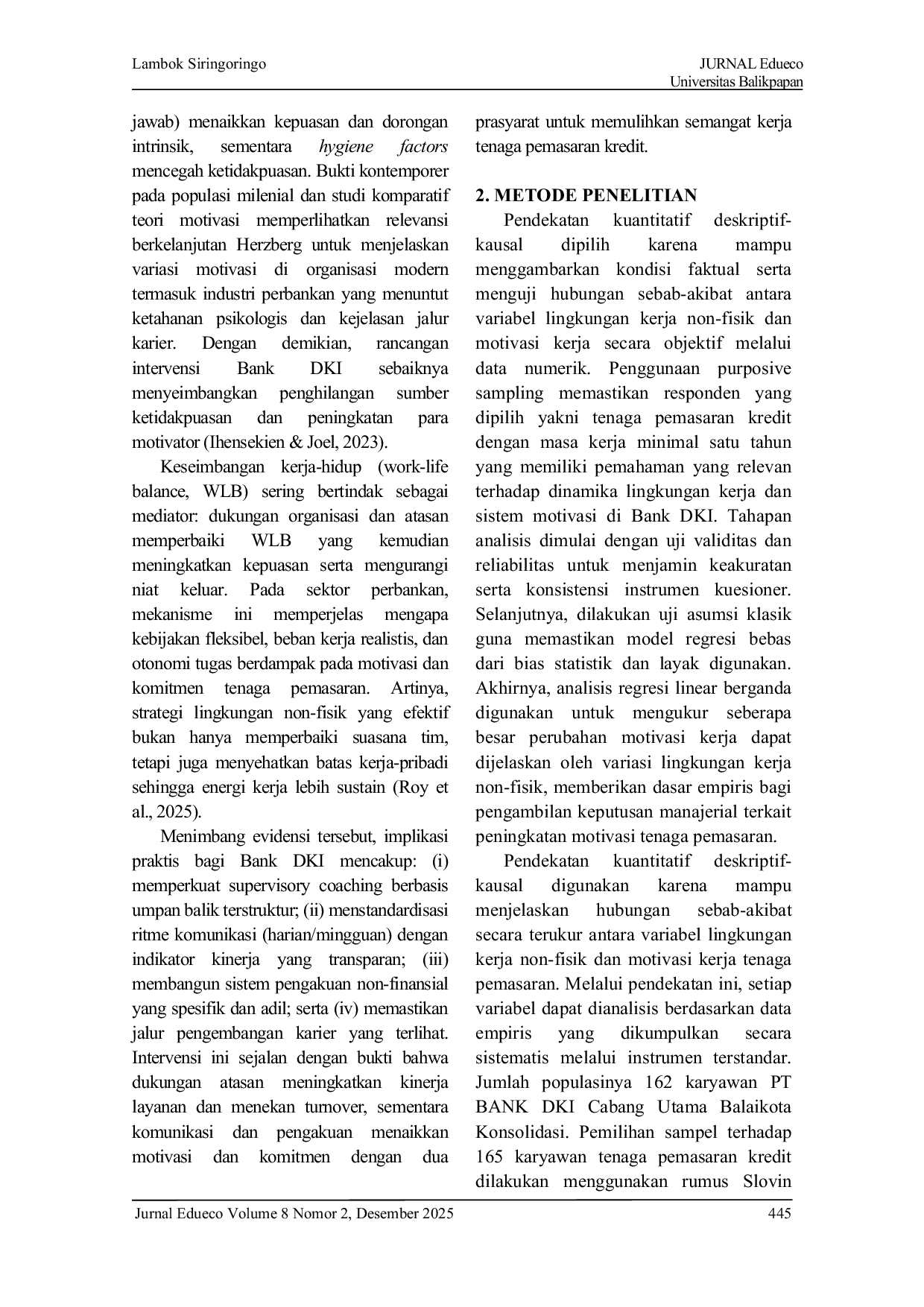 JURIS Pengaruh Lingkungan Kerja Non Fisik Terhadap Motivasi Kerja Tenaga Pemasaran Kredit