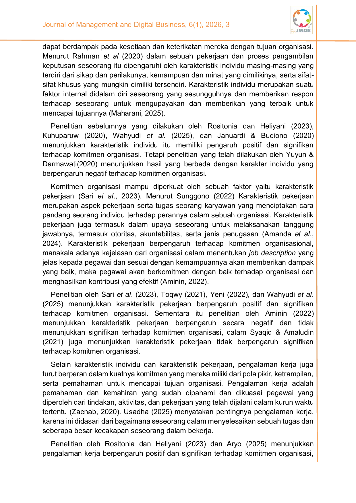 JURIS Komitmen organisasi pegawai puskesmas Integrasi karakteristik individu karakteristik pekerjaan pengalaman kerja dan kualitas kehidupan kerja