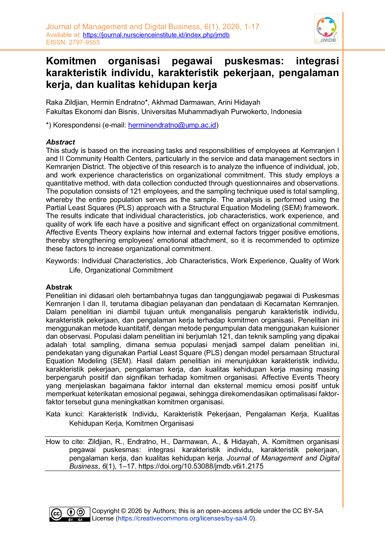 JURIS Komitmen organisasi pegawai puskesmas Integrasi karakteristik individu karakteristik pekerjaan pengalaman kerja dan kualitas kehidupan kerja