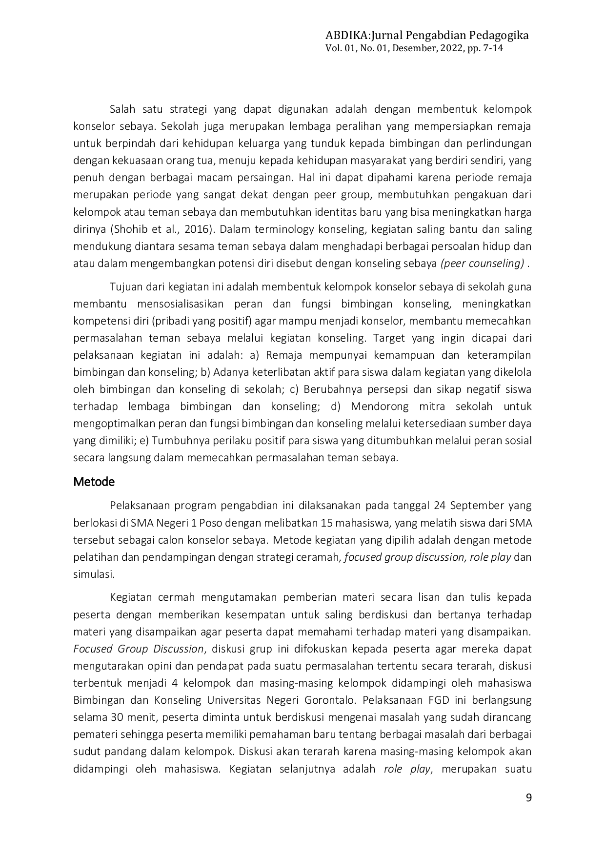 JURIS Pemberdayaan Konselor Sebaya Sebagai Strategi Penanganan Masalah Remaja