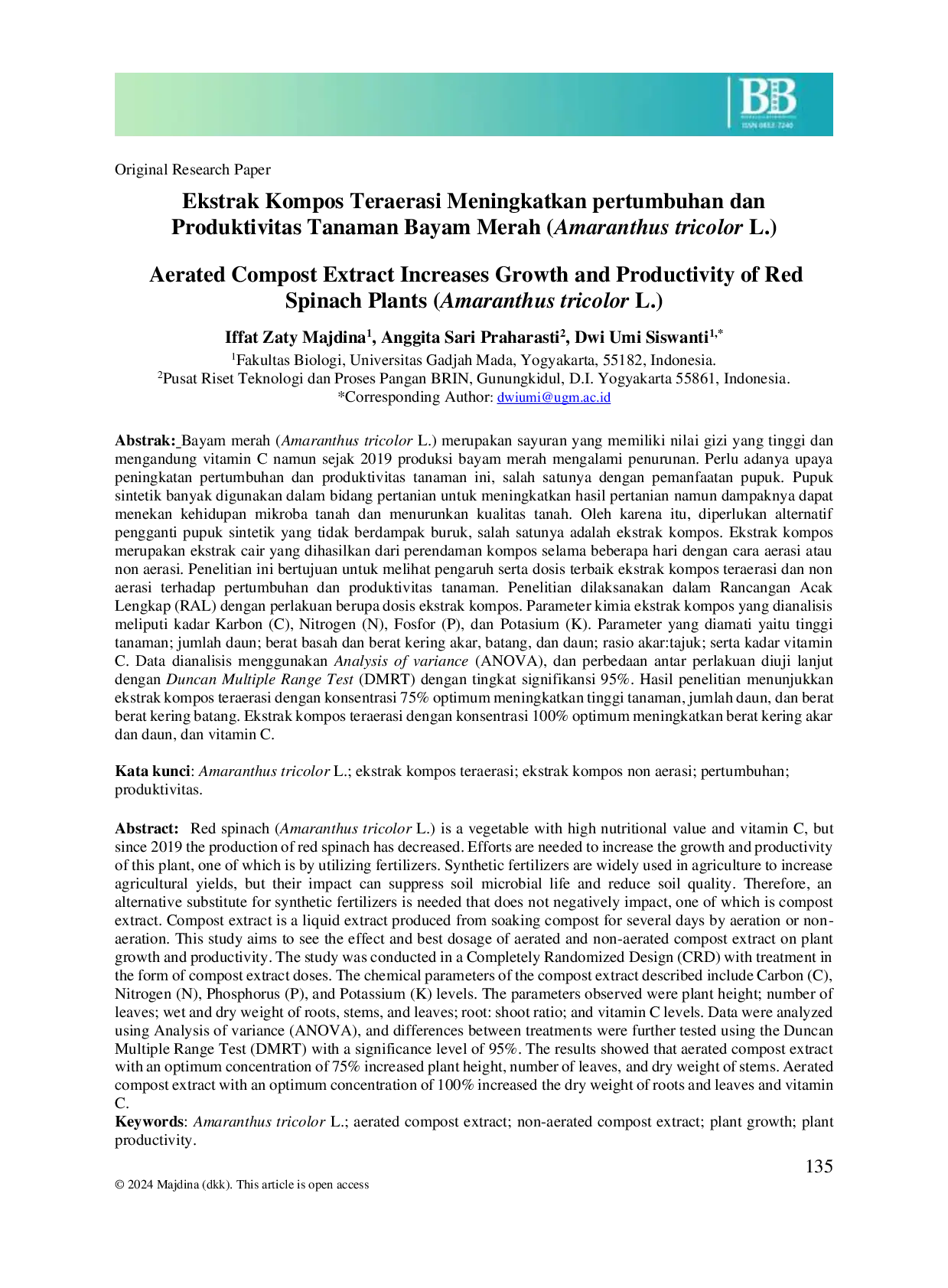 JURIS The Aerated Compost Extract Increases Growth and Productivity of Red Spinach Plants Amaranthus tricolor L