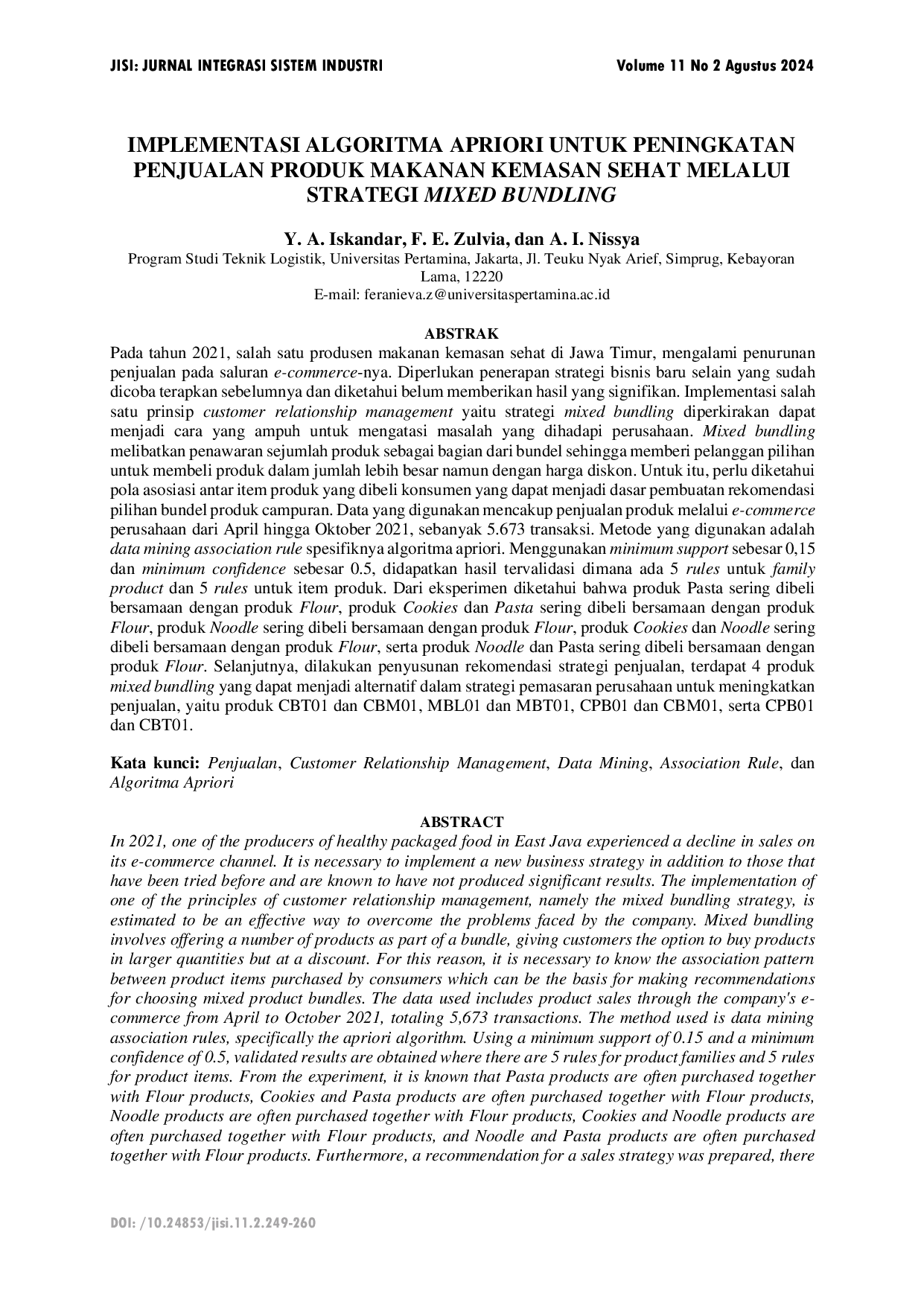 JURIS Implementasi Algoritma Apriori Untuk Peningkatan Penjualan Produk Makanan Kemasan Sehat Melalui Strategi Mixed Bundling
