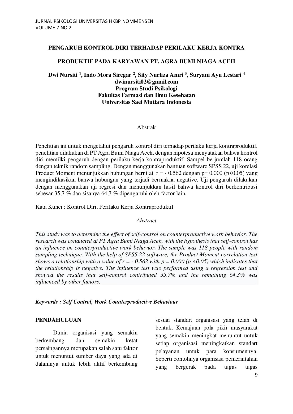 JURIS Pengaruh Kontrol Diri Terhadap Perilaku Kerja Kontraproduktif Pada Karyawan PT Agra Bumi Niaga Aceh