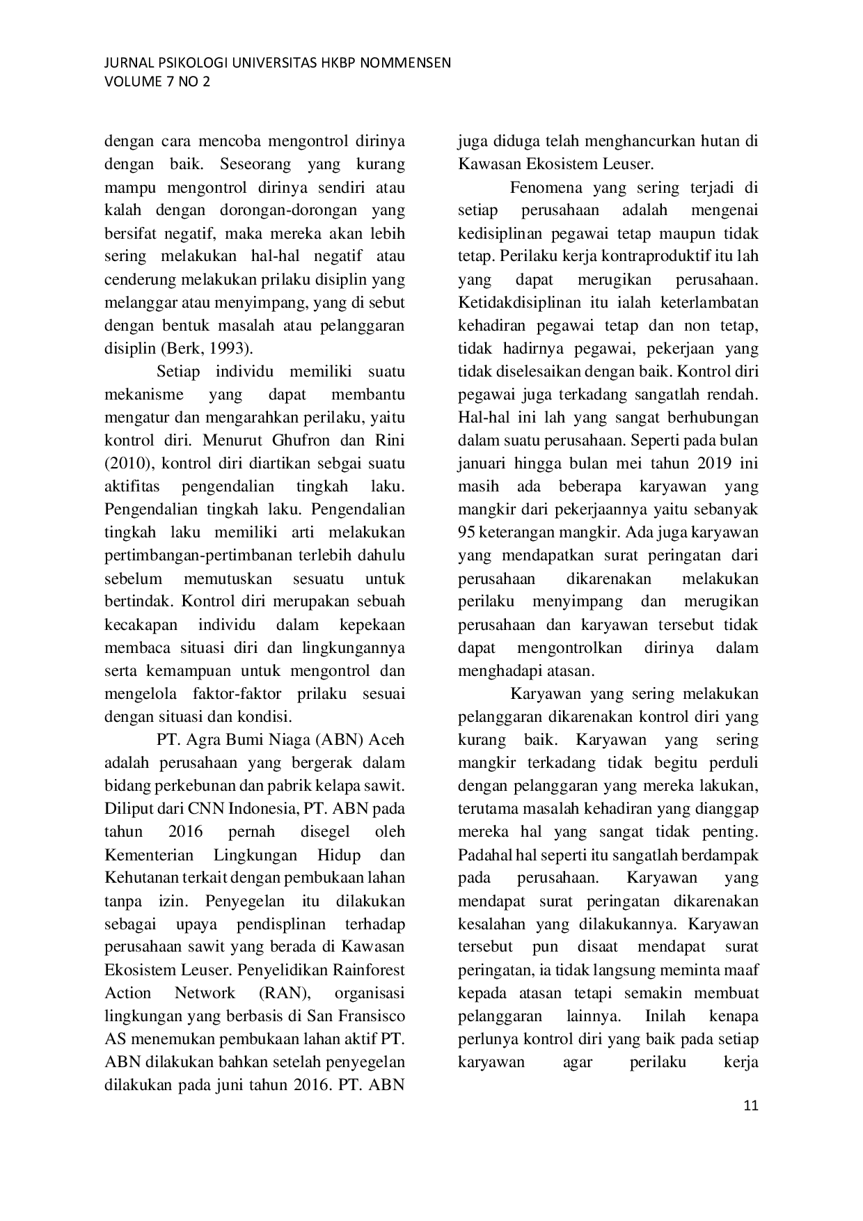 JURIS Pengaruh Kontrol Diri Terhadap Perilaku Kerja Kontraproduktif Pada Karyawan PT Agra Bumi Niaga Aceh