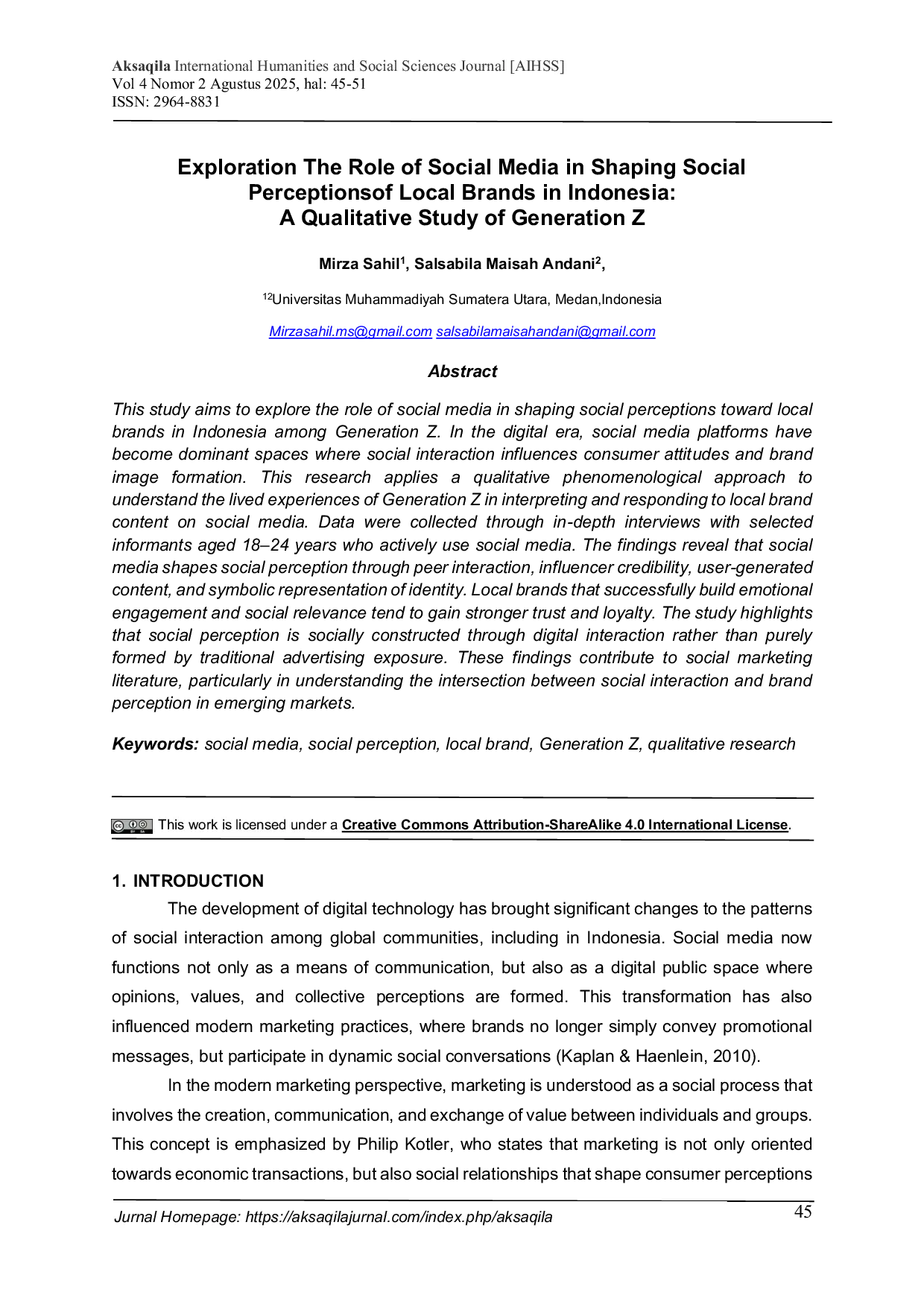 JURIS Exploration The Role of Social Media in Shaping Social Perceptionsof Local Brands in Indonesia A Qualitative Study of Generation Z