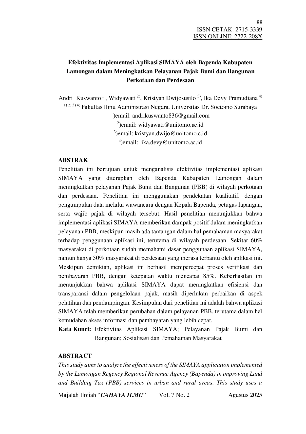 JURIS Efektivitas Implementasi Aplikasi SIMAYA oleh Bapenda Kabupaten Lamongan dalam Meningkatkan Pelayanan Pajak Bumi dan Bangunan Perkotaan dan Perdesaan