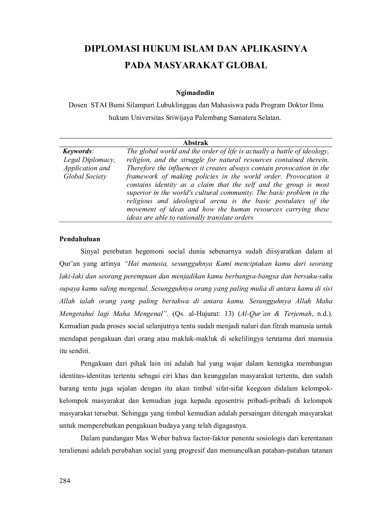 JURIS Diplomasi Hukum Islam dan Aplikasinya pada Masyarakat Global