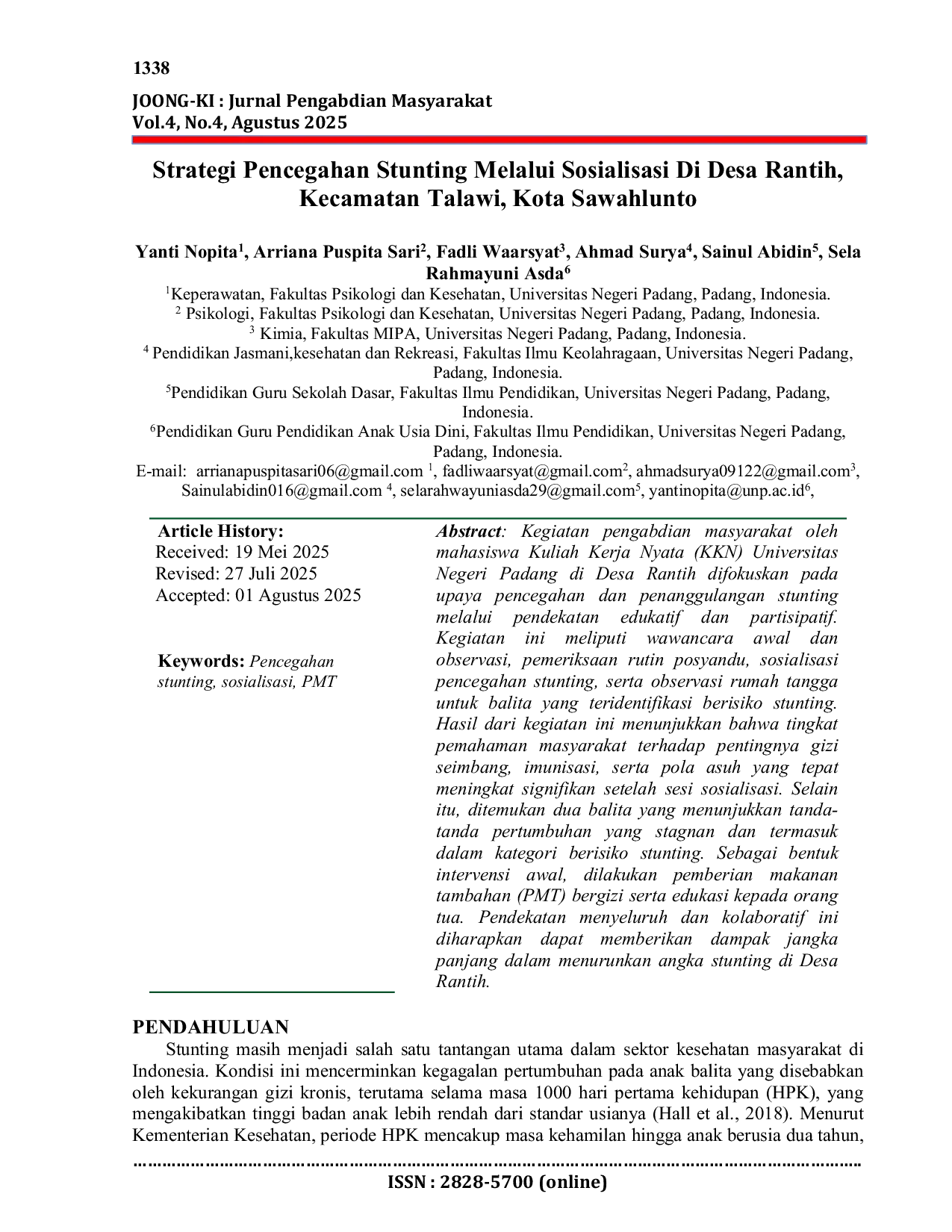 JURIS Agustus 2025 Strategi Pencegahan Stunting Melalui Sosialisasi Di Desa Rantih Kecamatan Talawi Kota Sawahlunto