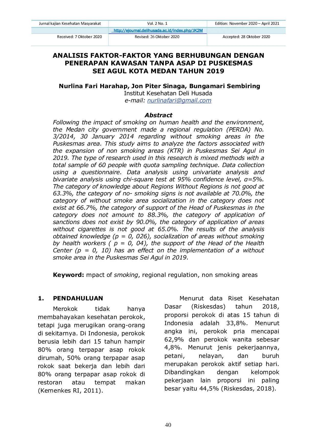 JURIS Analisis Faktor Yang Berhubungan Dengan penerapan Kawasan Tanpa Rokok KTR Di Wilayah Puskesmas Sei Agul Kota Medan Tahun 2019