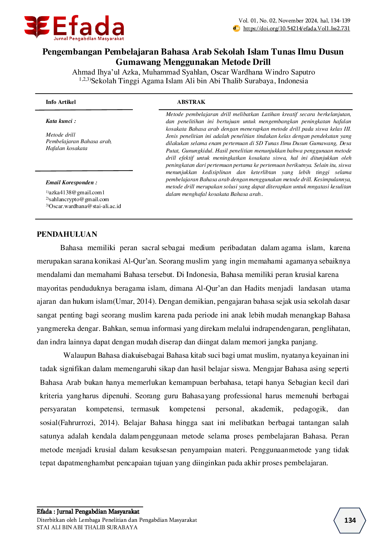 JURIS Pengembangan Pembelajaran Bahasa Arab Sekolah Islam Tunas Ilmu Dusun Gumawang Menggunakan Metode Drill