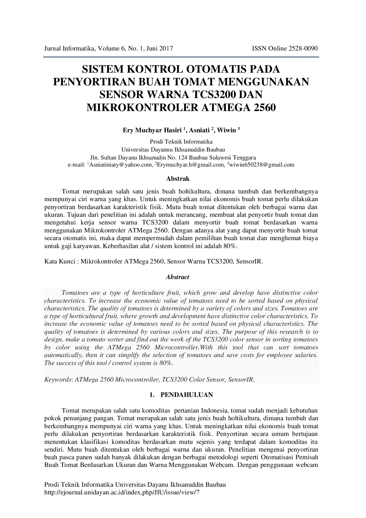 juris Sistem Kontrol Otomatis Pada Penyortiran Buah Tomat Menggunakan Sensor Warna Tcs3200 Dan Mikrokontroler Atmega 2560