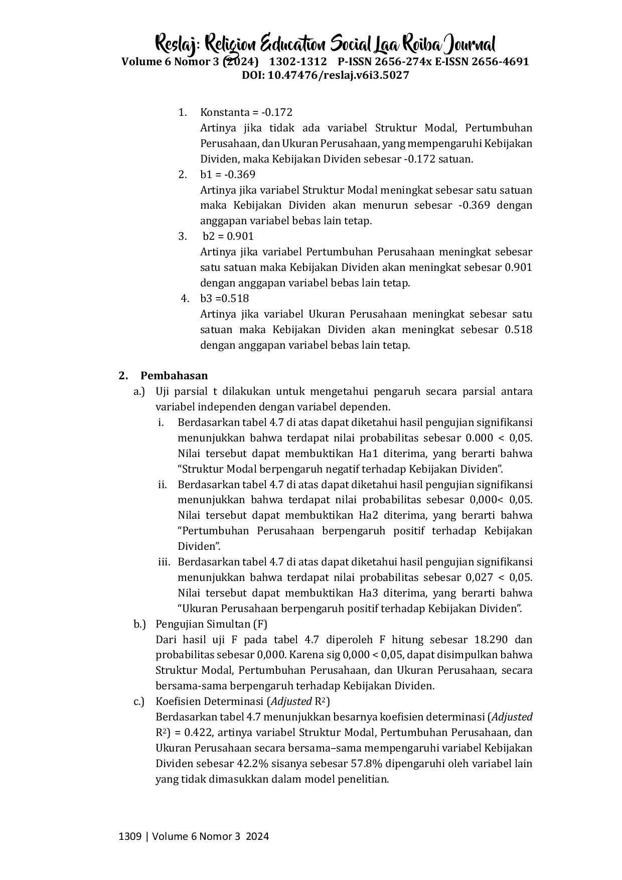 JURIS Pengaruh Struktur Modal Tingkat Pertumbuhan Ukuran Perusahaan terhadap Kebijakan Dividen pada Perusahaan Sektor Industri Barang Konsumsi yang Terdaftar di BEI Tahun 2018 2021