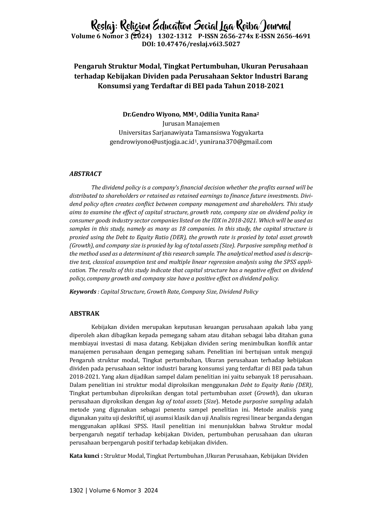 JURIS Pengaruh Struktur Modal Tingkat Pertumbuhan Ukuran Perusahaan terhadap Kebijakan Dividen pada Perusahaan Sektor Industri Barang Konsumsi yang Terdaftar di BEI Tahun 2018 2021