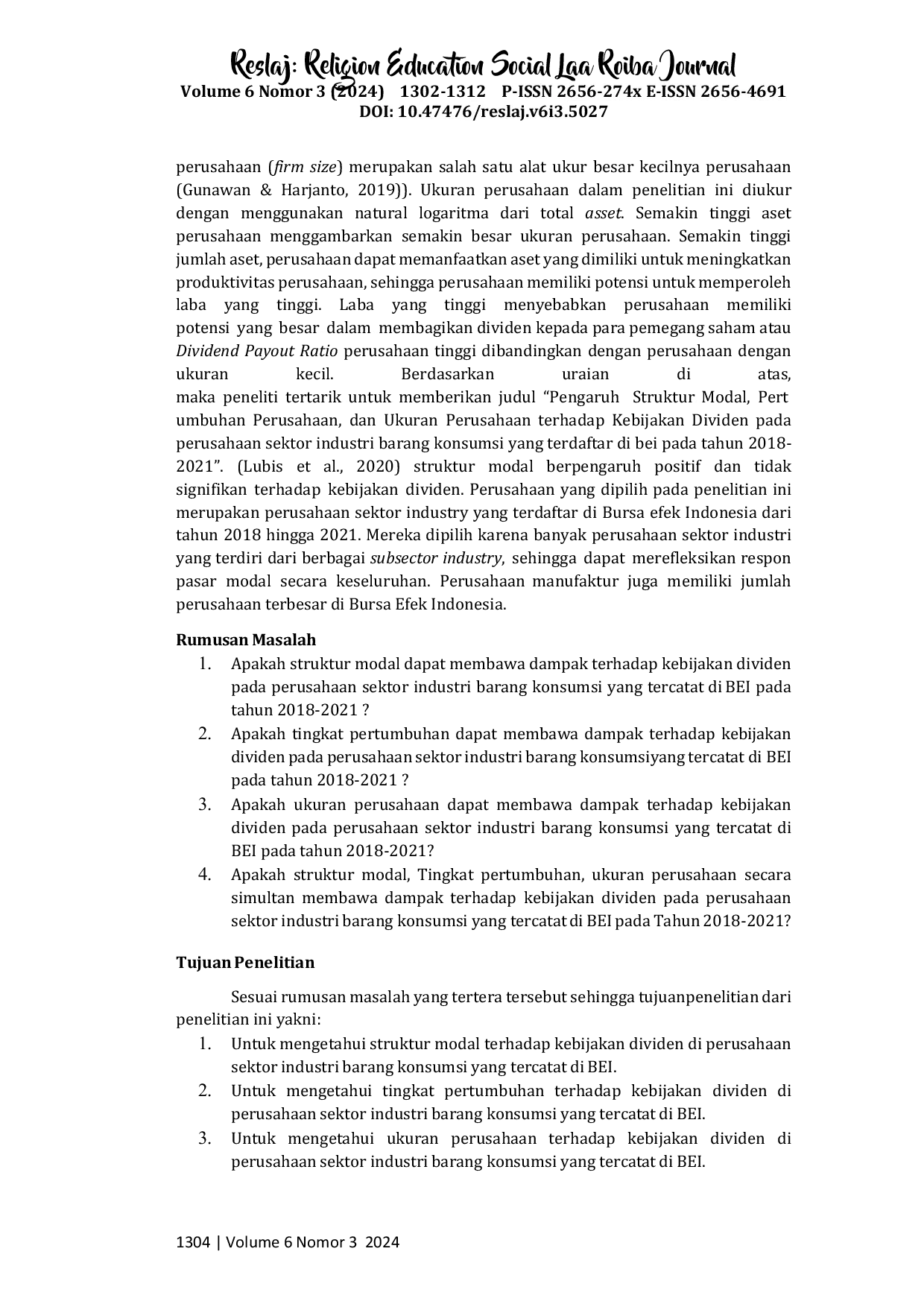 JURIS Pengaruh Struktur Modal Tingkat Pertumbuhan Ukuran Perusahaan terhadap Kebijakan Dividen pada Perusahaan Sektor Industri Barang Konsumsi yang Terdaftar di BEI Tahun 2018 2021