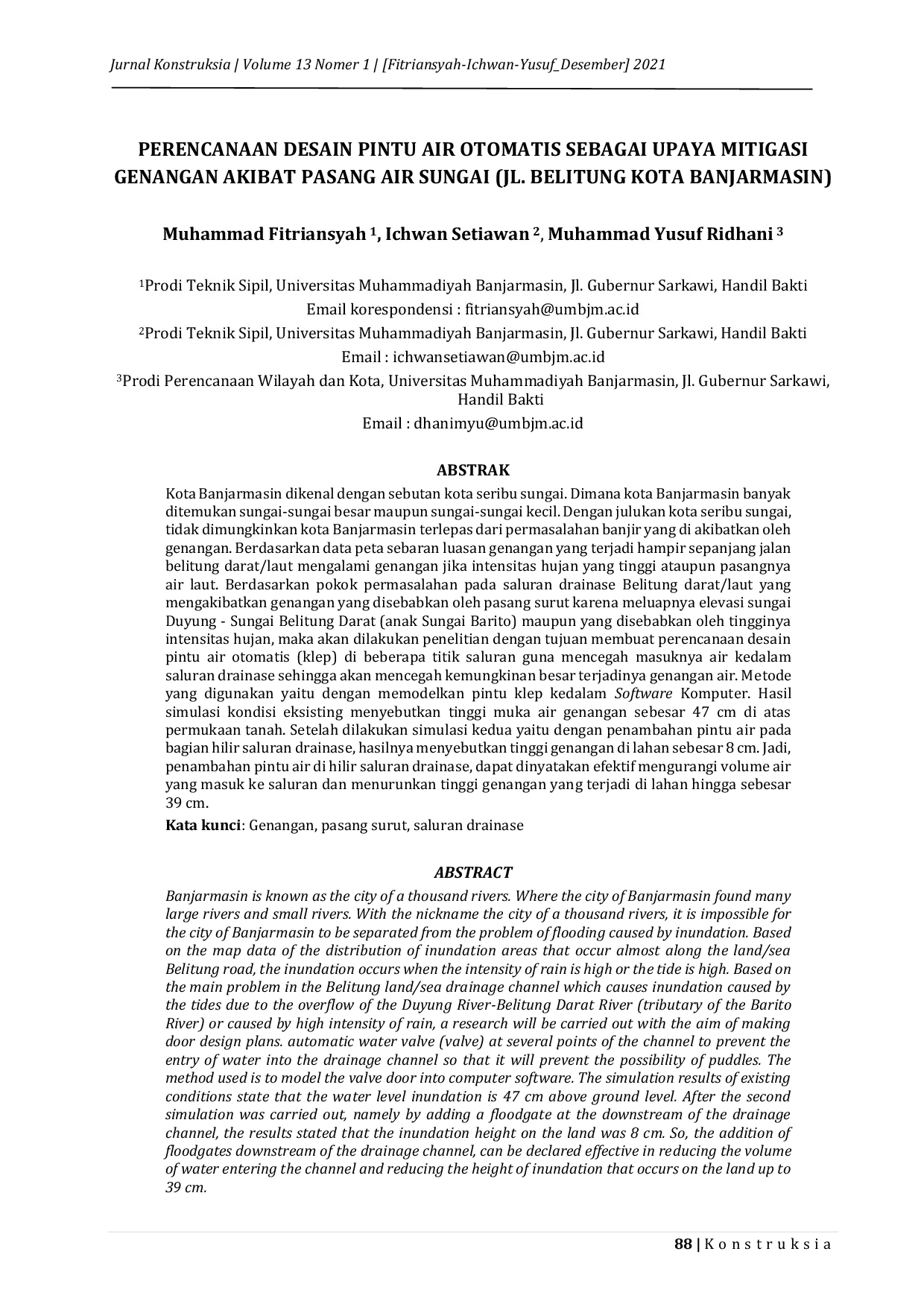 JURIS Perencanaan Desain Pintu Air Otomatis Sebagai Upaya Mitigasi Genangan Akibat Pasang Air Sungai Jl Belitung Kota Banjarmasin