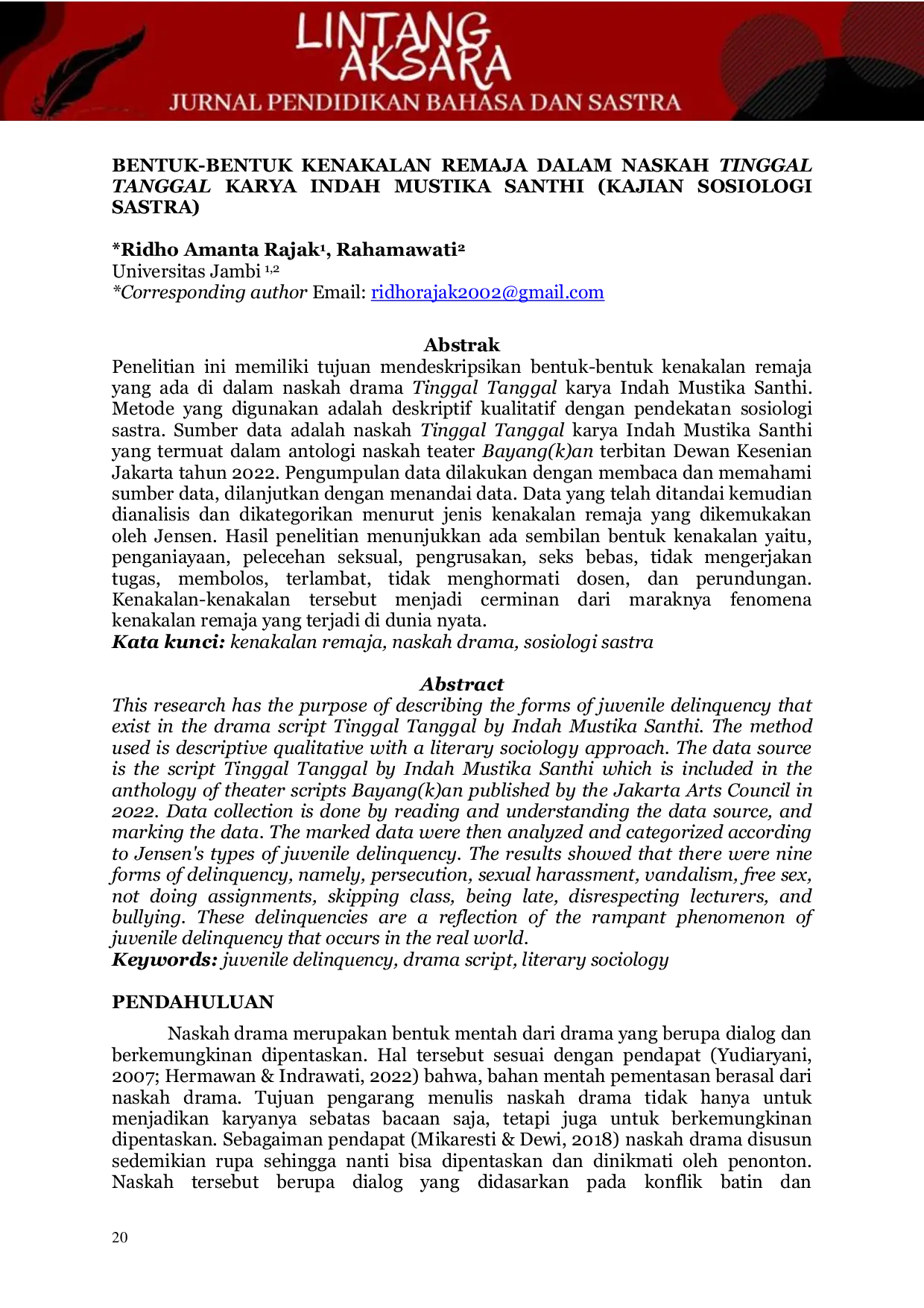 JURIS Bentuk Bentuk Kenakalan Remaja dalam Naskah Drama Tinggal Tanggal Karya Indah Mustika Santhi Kajian Sosiologi Sastra