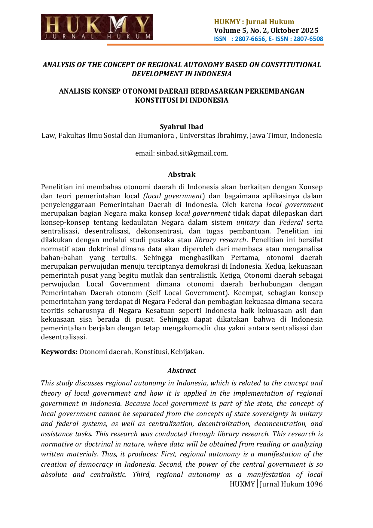 JURIS ANALISIS KONSEP OTONOMI DAERAH BERDASARKAN PERKEMBANGAN KONSTITUSI DI INDONESIA
