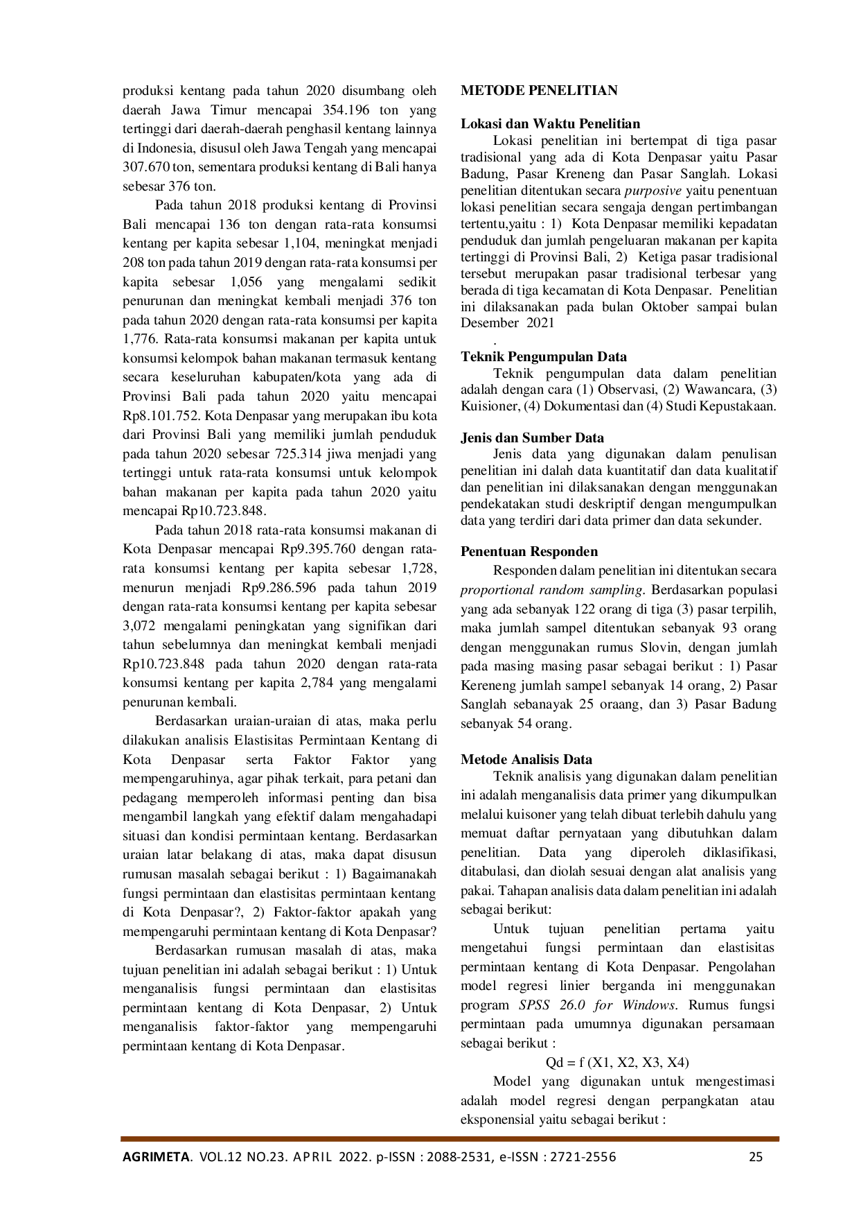 JURIS Analisis Permintaan Kentang Di Kota Denpasar Serta Faktor Faktor Yang Mempengaruhinya