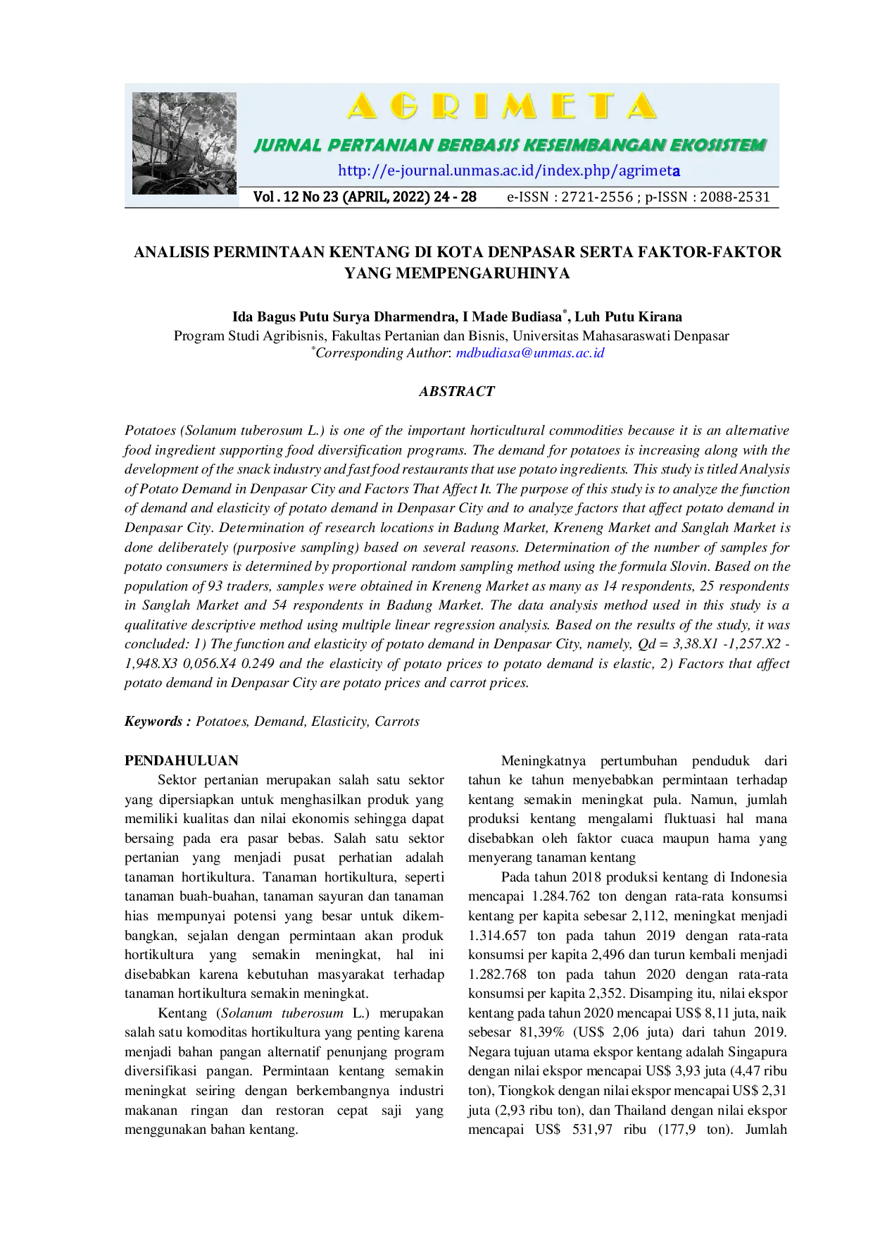 JURIS Analisis Permintaan Kentang Di Kota Denpasar Serta Faktor Faktor Yang Mempengaruhinya