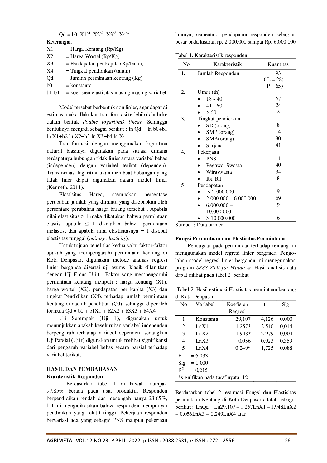 JURIS Analisis Permintaan Kentang Di Kota Denpasar Serta Faktor Faktor Yang Mempengaruhinya