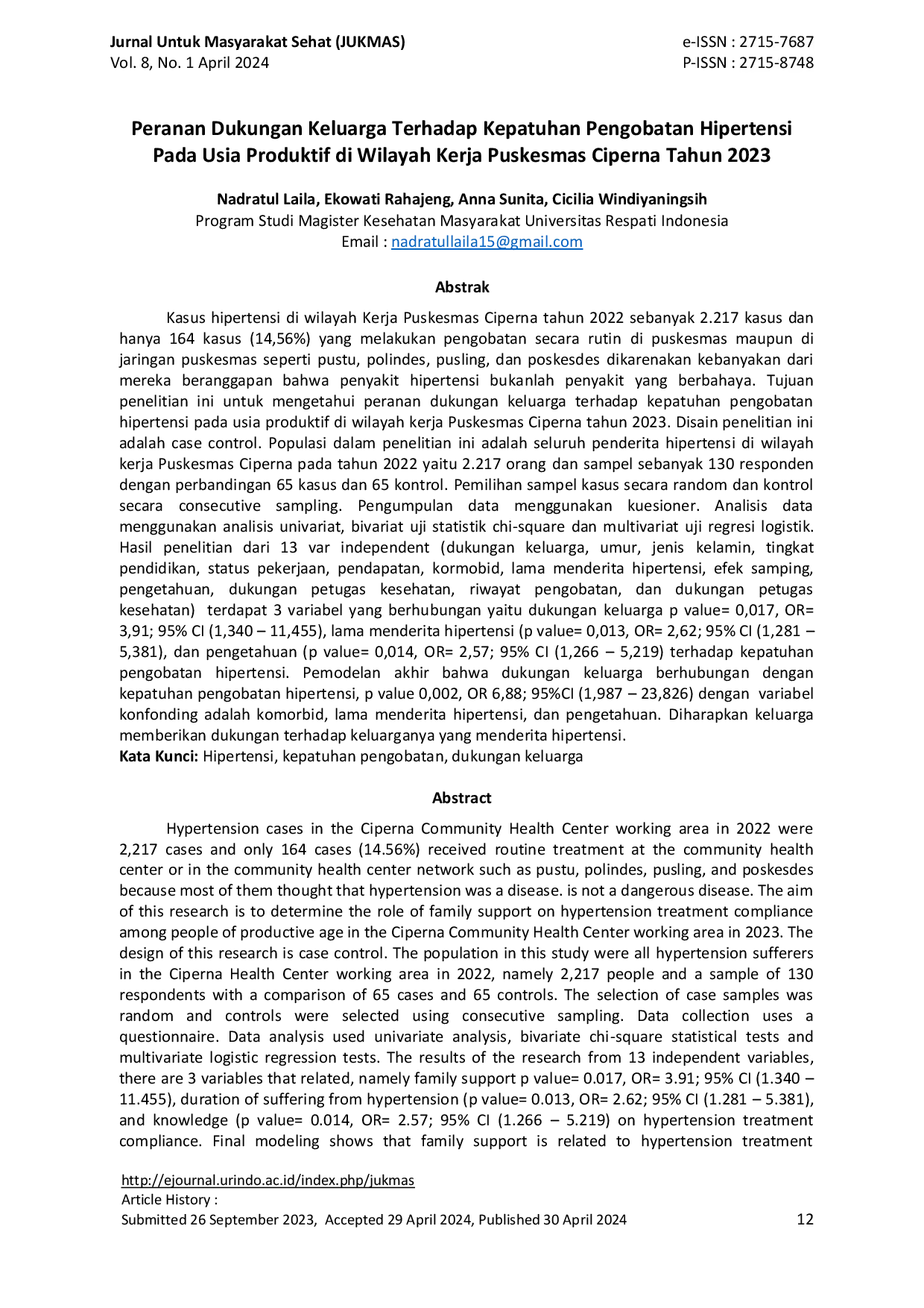 JURIS Peranan Dukungan Keluarga Terhadap Kepatuhan Pengobatan Hipertensi Pada Usia Produktif di Wilayah Kerja Puskesmas Ciperna Tahun 2023